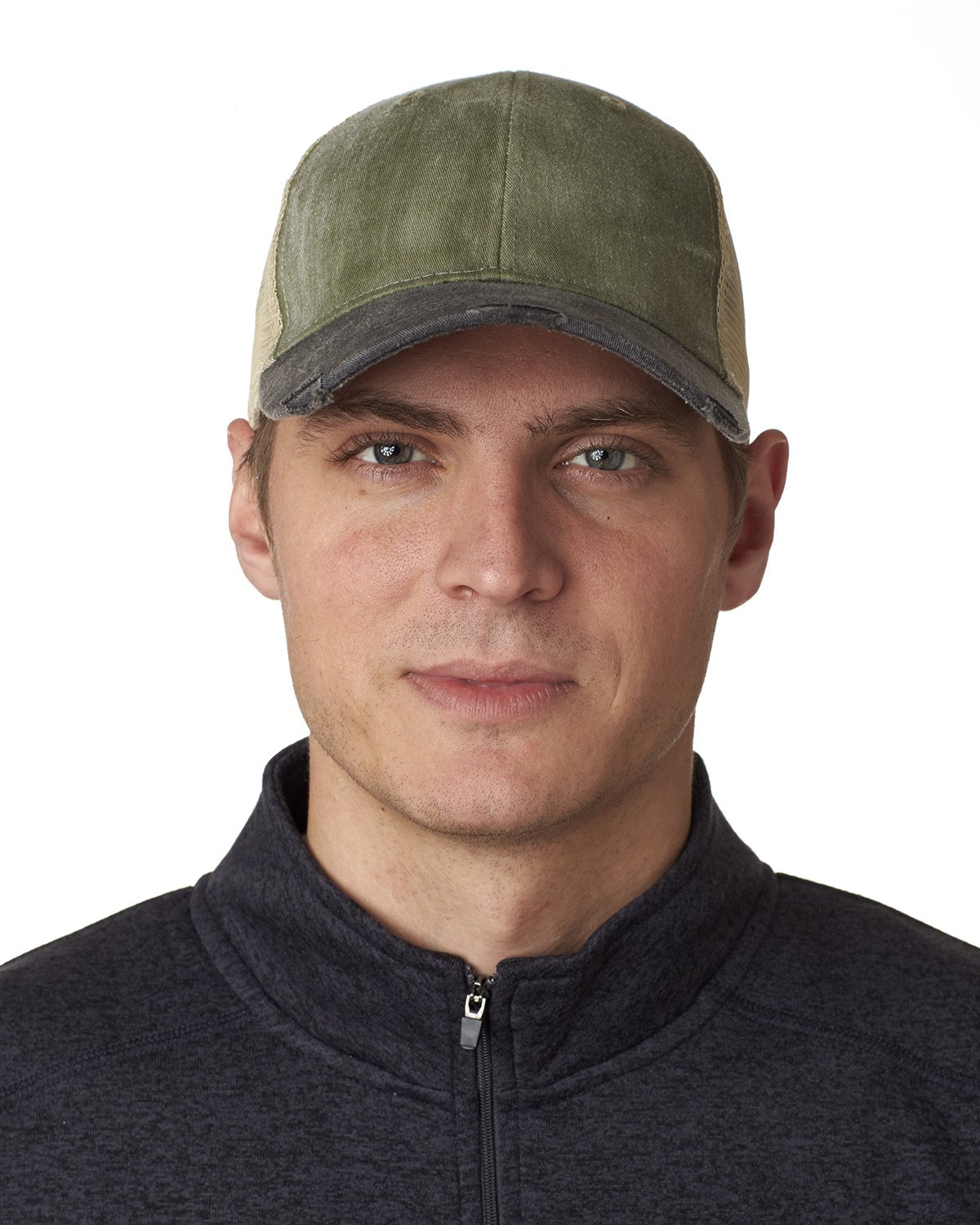 OL102 | OLLIE- Pigment dyed, garment washed, cotton, twill, six panel, structured, mid-crown trucker cap with nylon mesh back panels, distressed visor and snap back. - CACTUS / BLACK