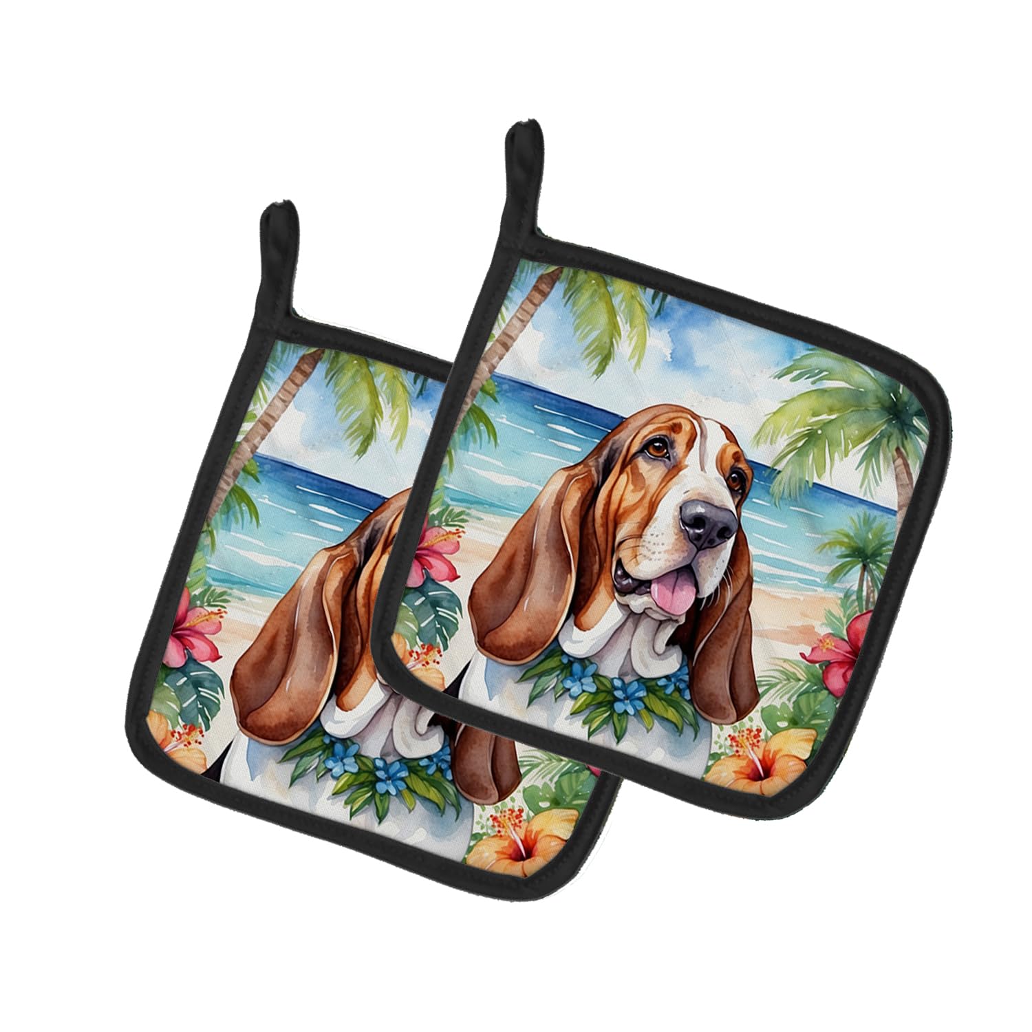 Basset Hound Luau Pair of Pot Holders