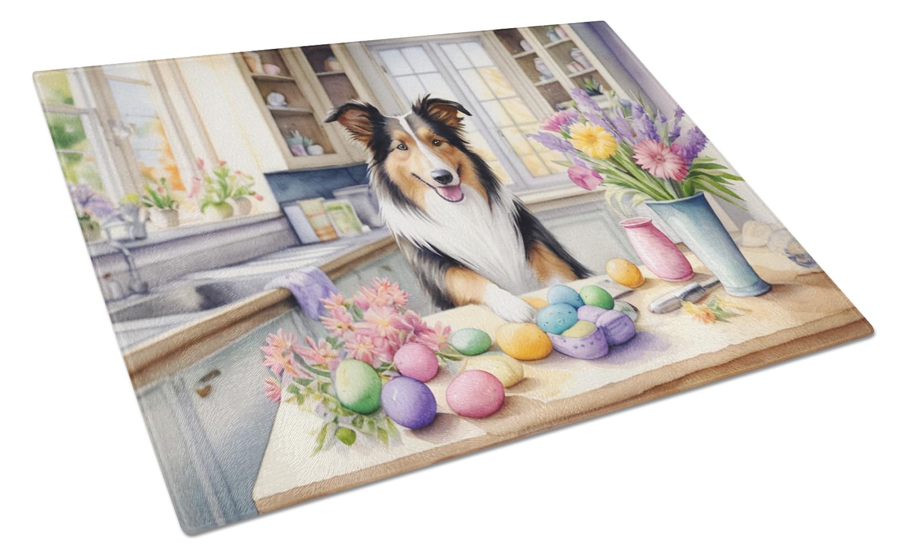 Carolines Treasures DAC6795LCB Decorating Easter Collie Glass Cutting Board Decorative Tempered Glass Kitchen Cutting and Serving Board Large Size Chopping Board
