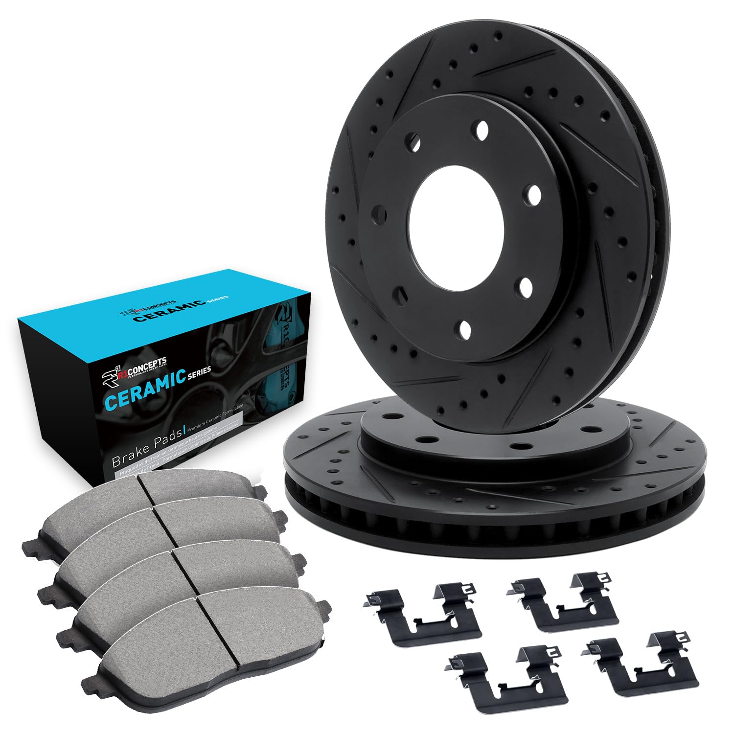 R1 Concepts Drilled and Slotted Black Disc Brake Rotor Set with Ceramic Pads and Hardware WHWH1-54118