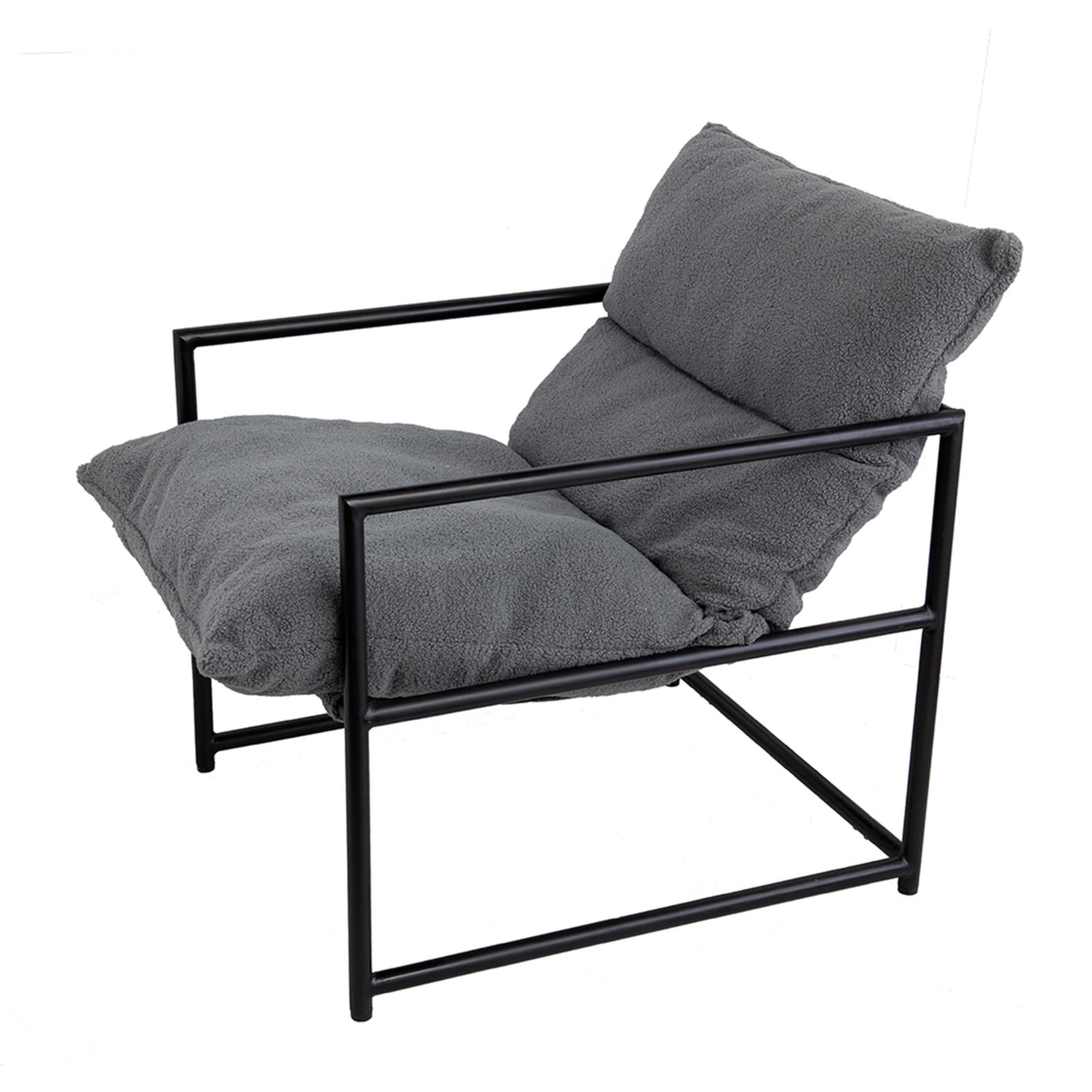 26 Inch Accent Chair with Cushion, Black Iron, Light Gray Faux Leather