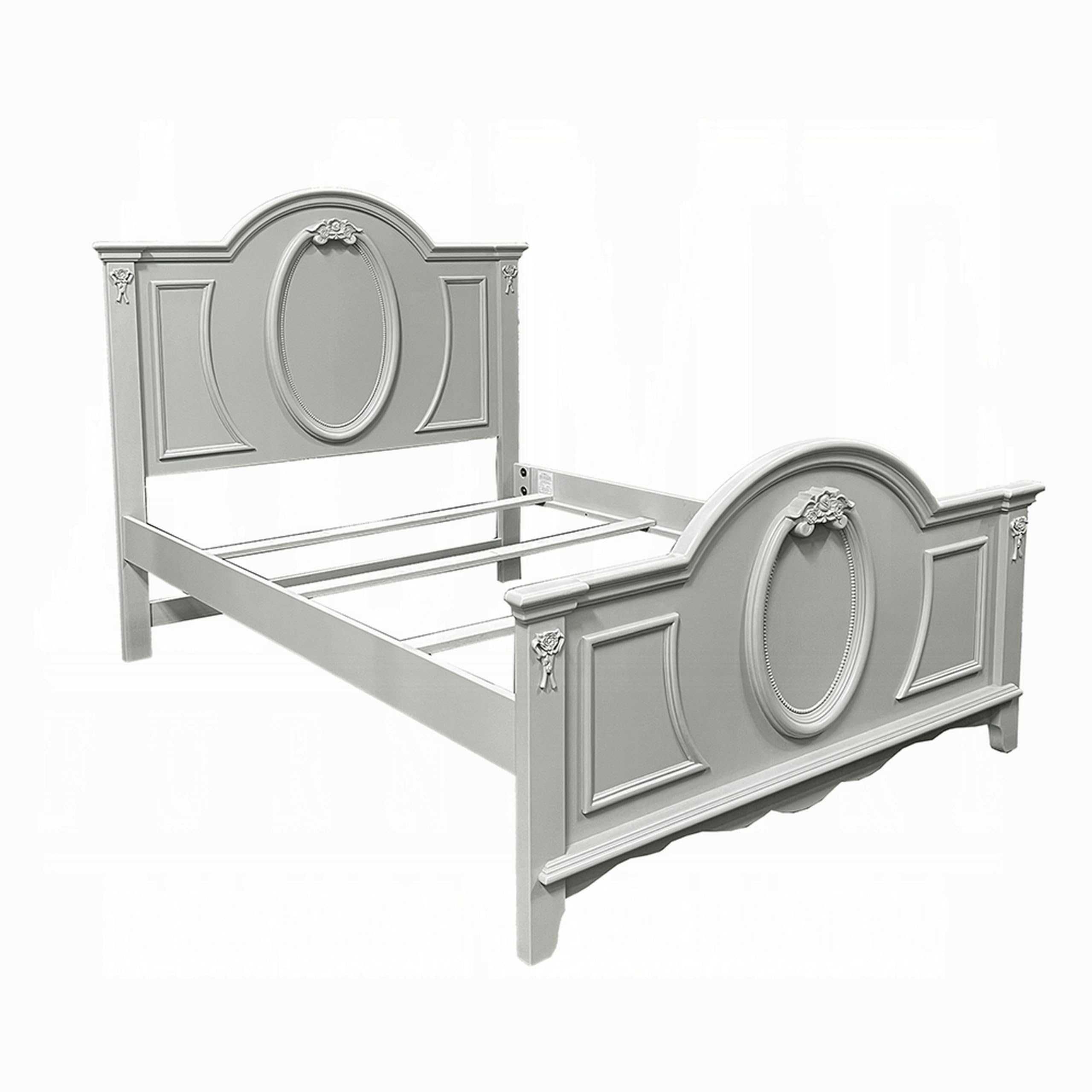 Auri Full Size Bed, Arch Headboard, Rope Molding w Floral Motifs, Gray