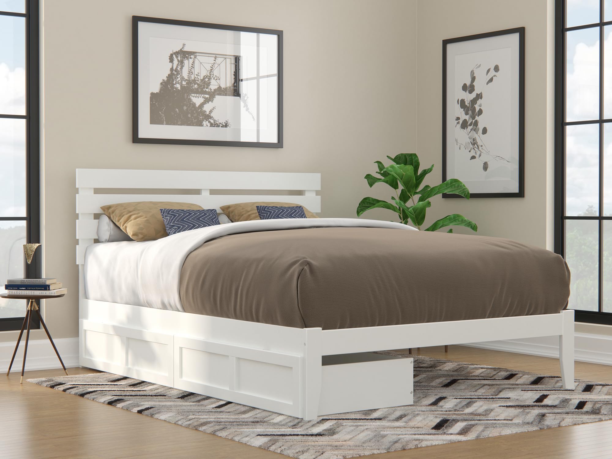 Oxford Queen Bed with USB Turbo Charger and 2 Extra Long Drawers in White