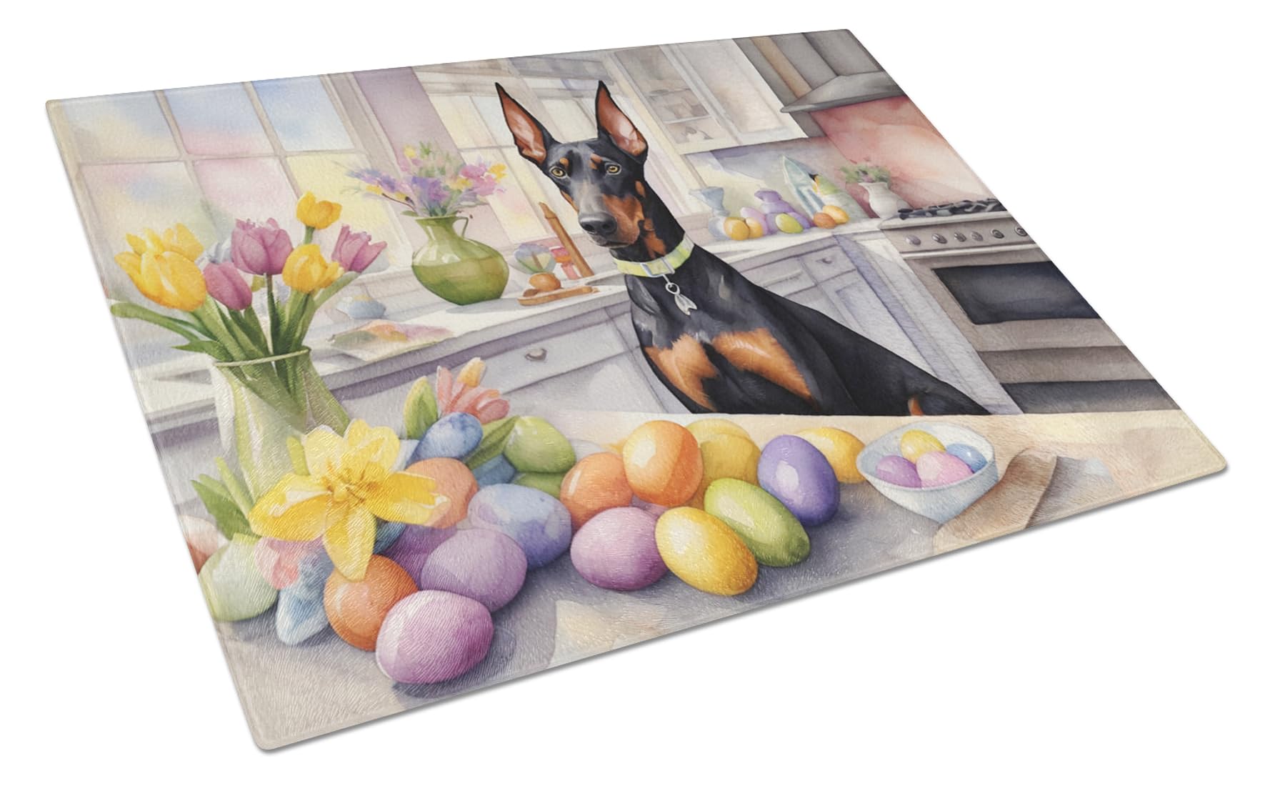Carolines Treasures DAC6802LCB Decorating Easter Doberman Pinscher Glass Cutting Board Decorative Tempered Glass Kitchen Cutting and Serving Board Large Size Chopping Board