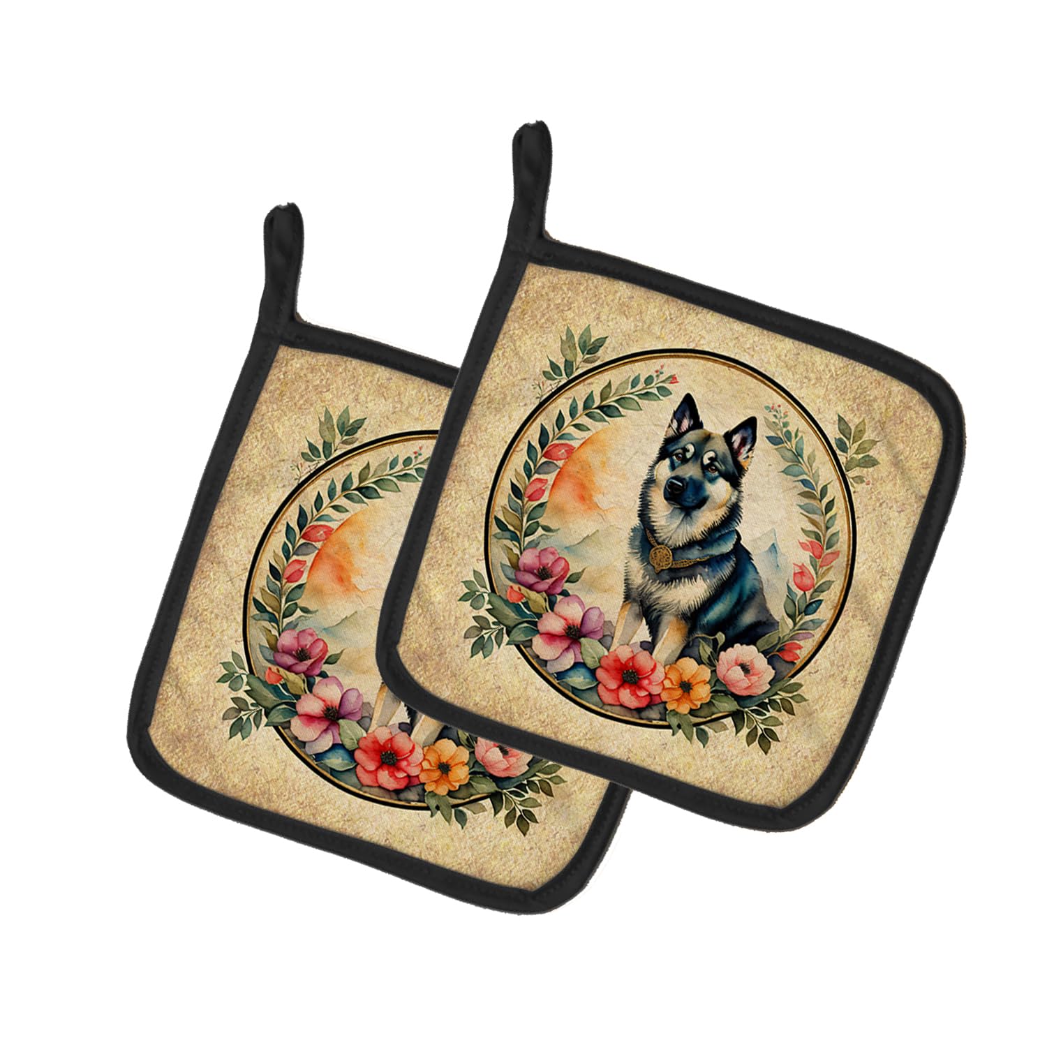 Norwegian Elkhound and Flowers Pair of Pot Holders
