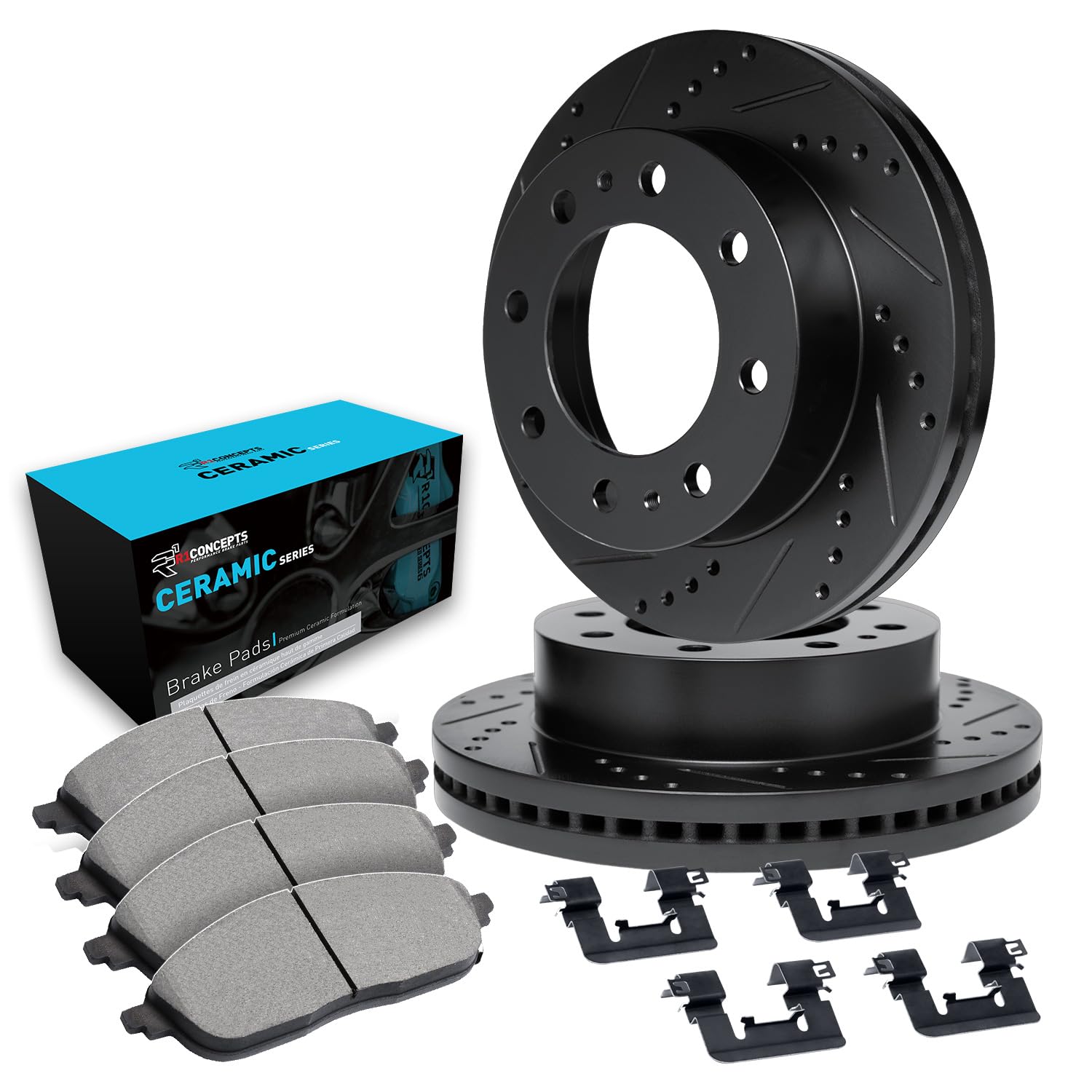 R1 Concepts Drilled and Slotted Black Disc Brake Rotor Set with Ceramic Pads and Hardware WHWH1-54124