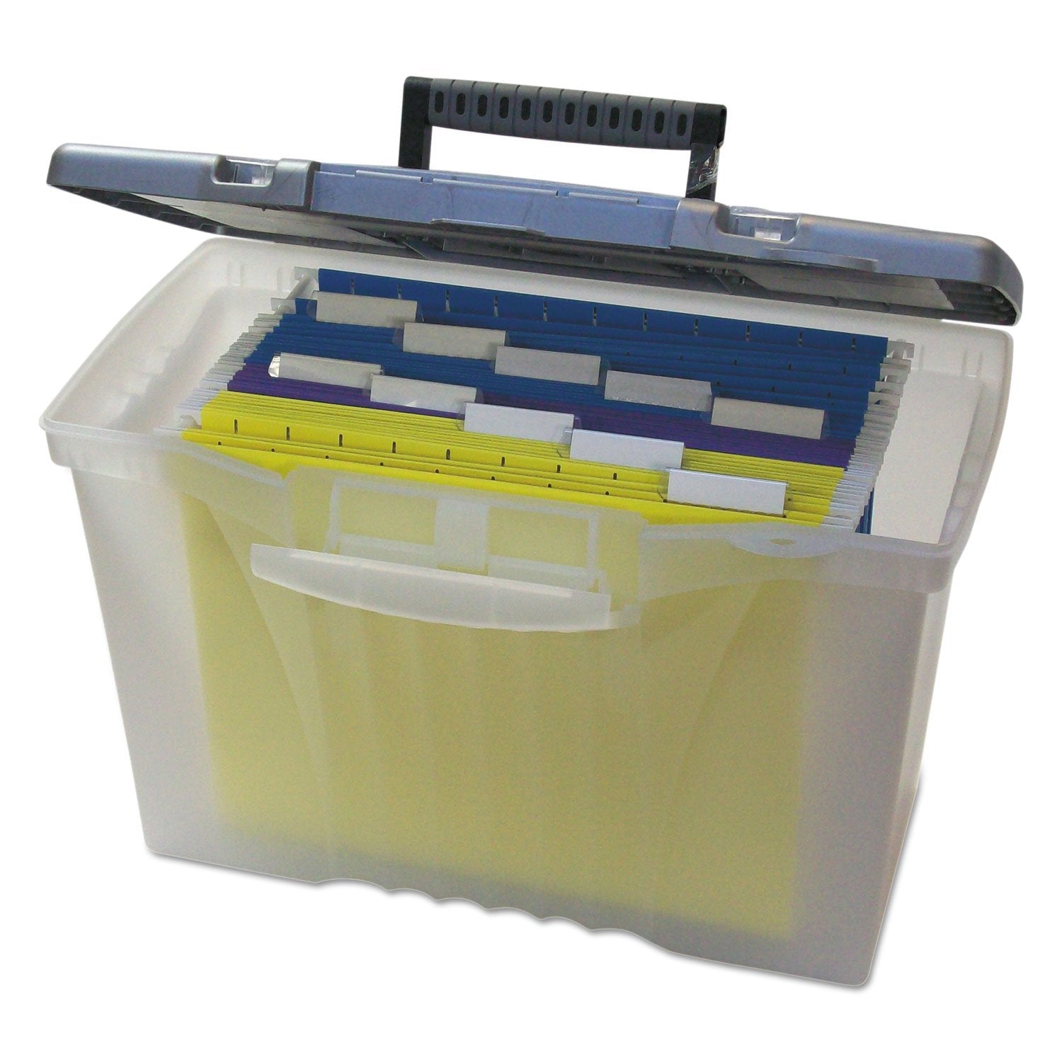 Storex 61511U01C Portable File Storage Box W/Organizer Lid Letter/Legal Clear