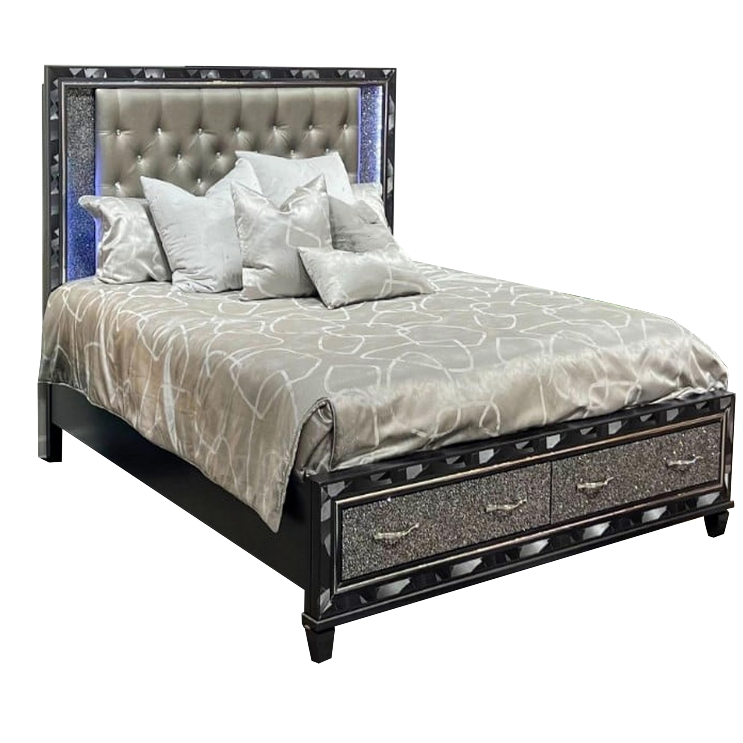 Bet Queen Bed, Storage Drawers, Silver Faux Leather Upholstery, LED, Black