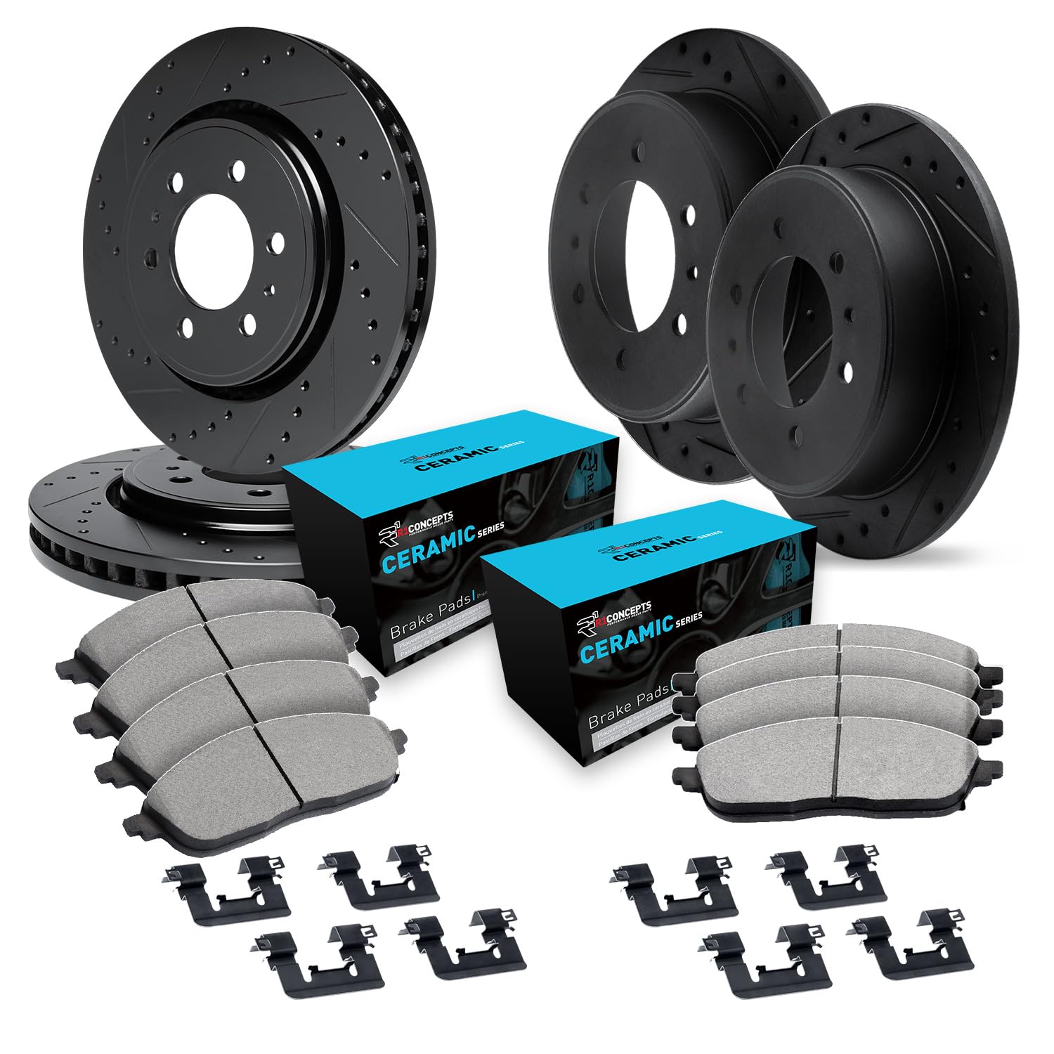 R1 Concepts Drilled and Slotted Black Disc Brake Rotor Set with Ceramic Pads and Hardware WHWH2-67069