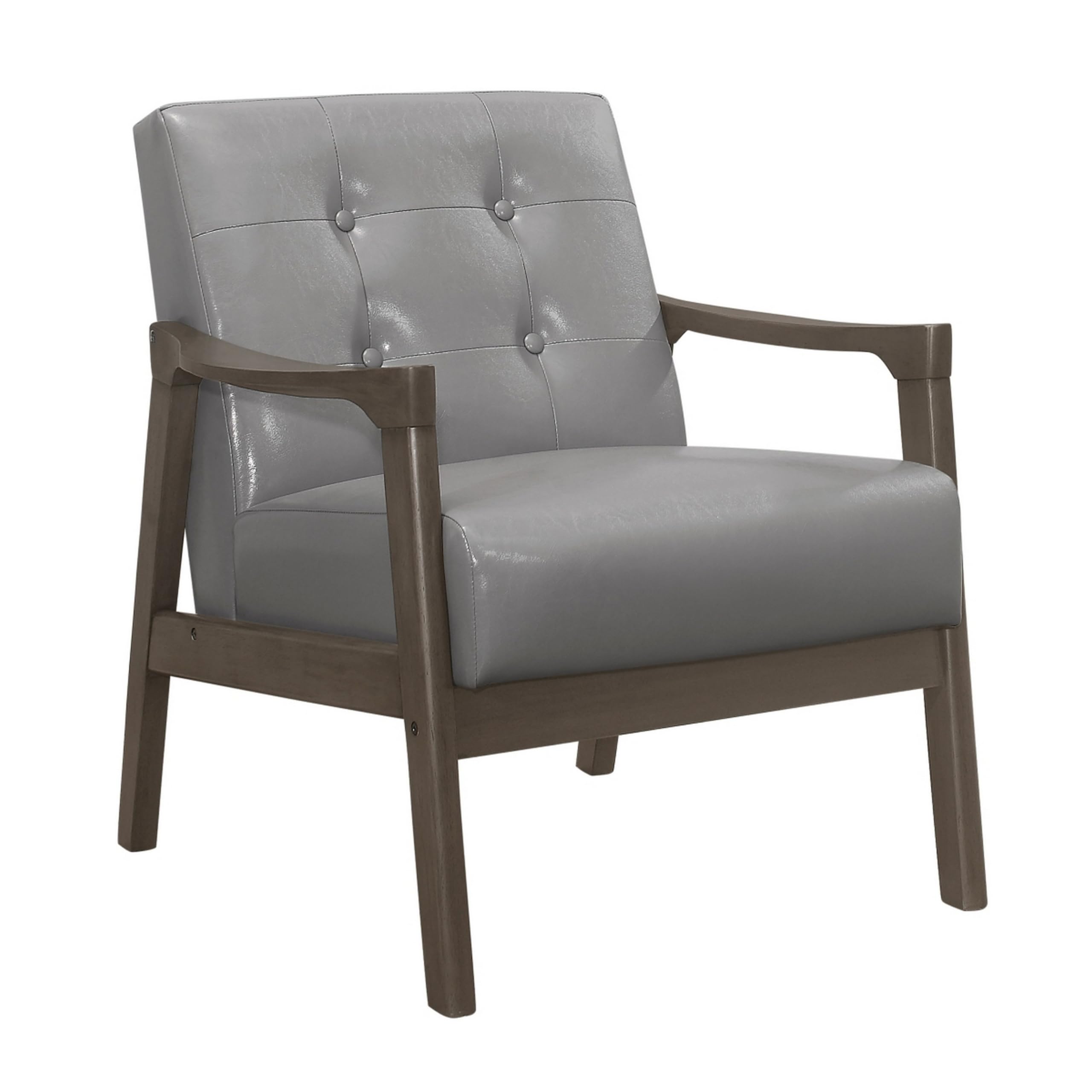 Aly 31 Inch Accent Chair Armchair, Gray Faux Leather, Brown Solid Wood