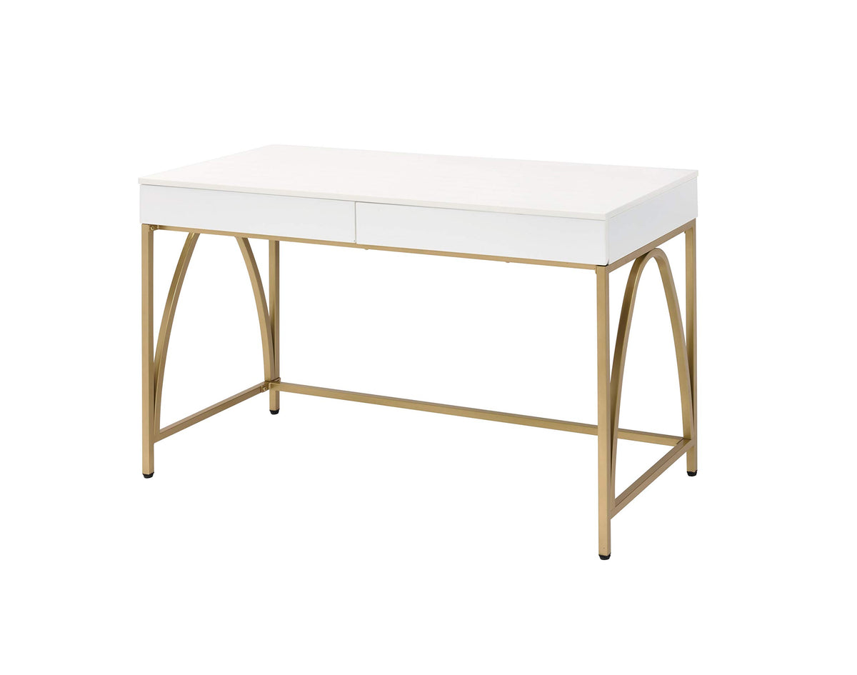 Benjara Rectangular Wooden Frame Desk With 2 Drawers And Metal Legs, White And Gold