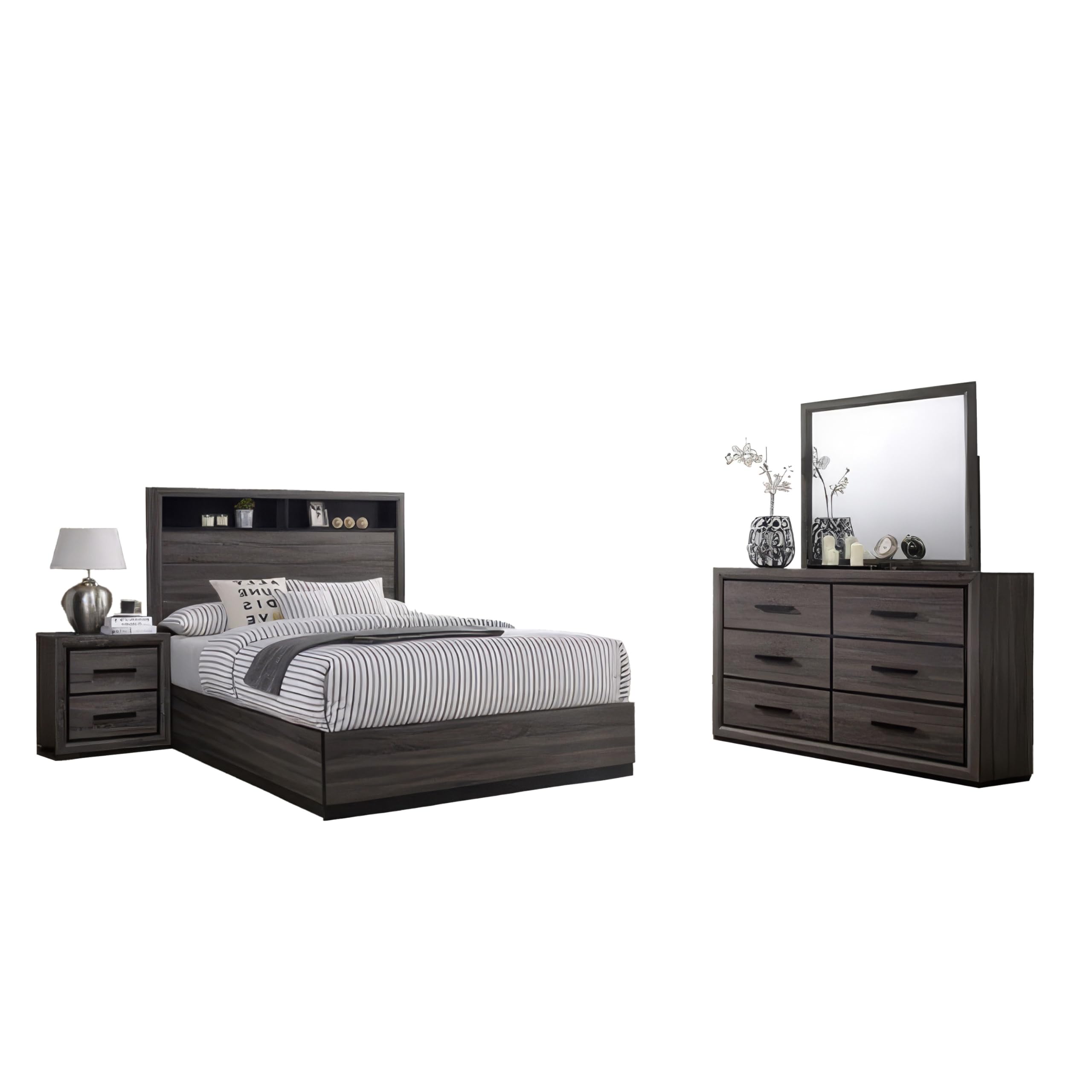 Kalie 4pc Queen Bedroom Set with Bookcase Headboard, Storage, Gray Wood