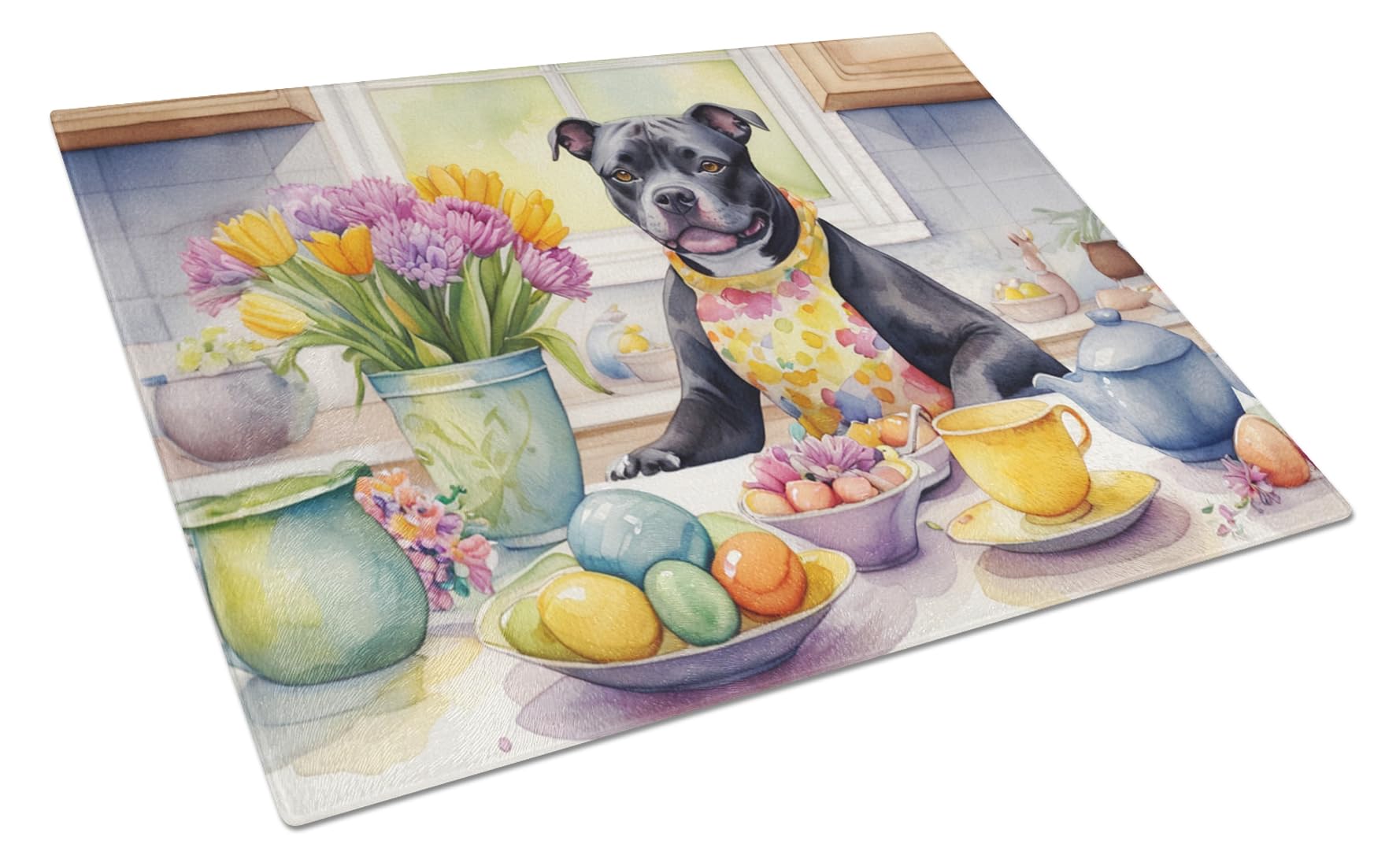 Carolines Treasures DAC6909LCB Decorating Easter Staffordshire Bull Terrier Glass Cutting Board Decorative Tempered Glass Kitchen Cutting and Serving Board Large Size Chopping Board