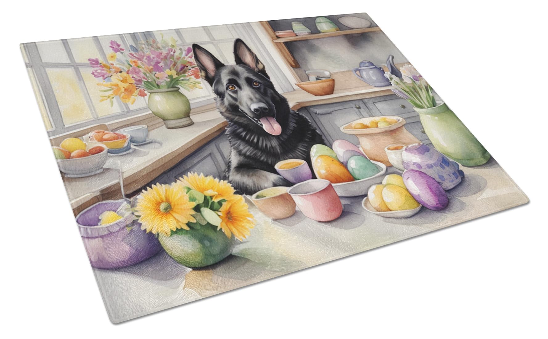 Carolines Treasures DAC6816LCB Decorating Easter German Shepherd Glass Cutting Board Decorative Tempered Glass Kitchen Cutting and Serving Board Large Size Chopping Board