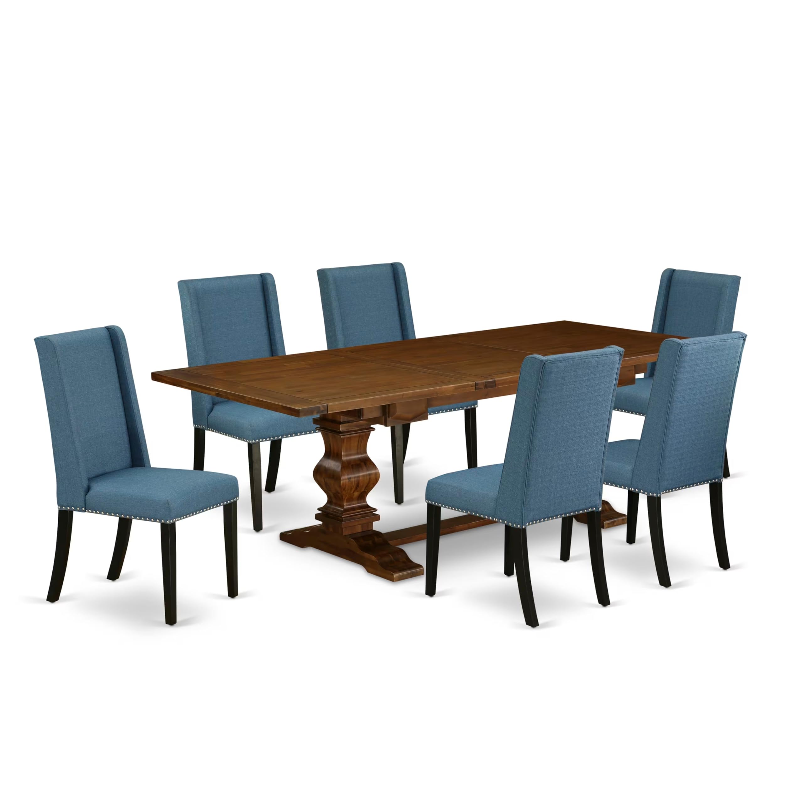 7-piece wood dining table set with Chairs Legs and Mineral Blue Linen Fabric