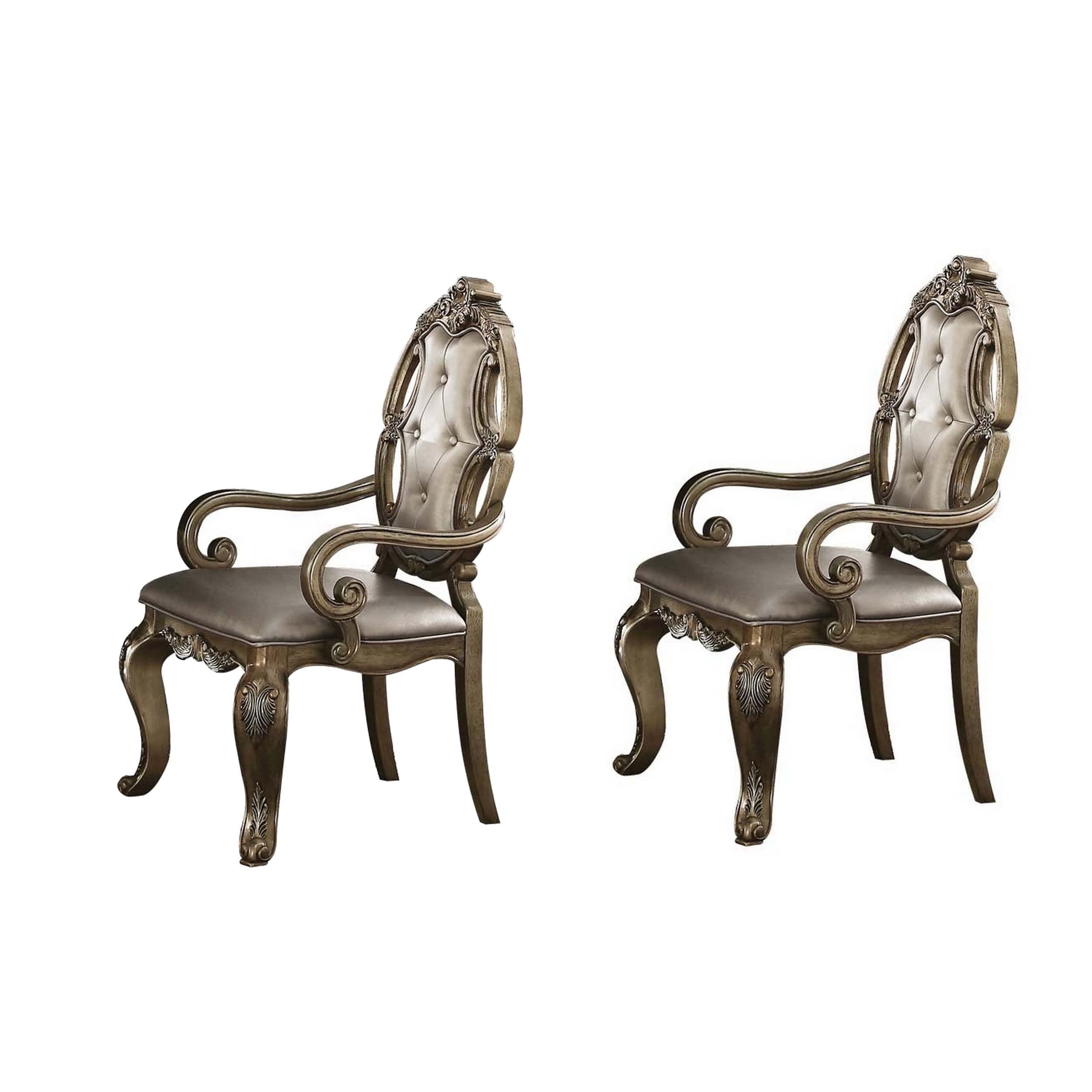Wood and Fabric Dining Chairs with Armrests, Set of 2, Brown and Champagne
