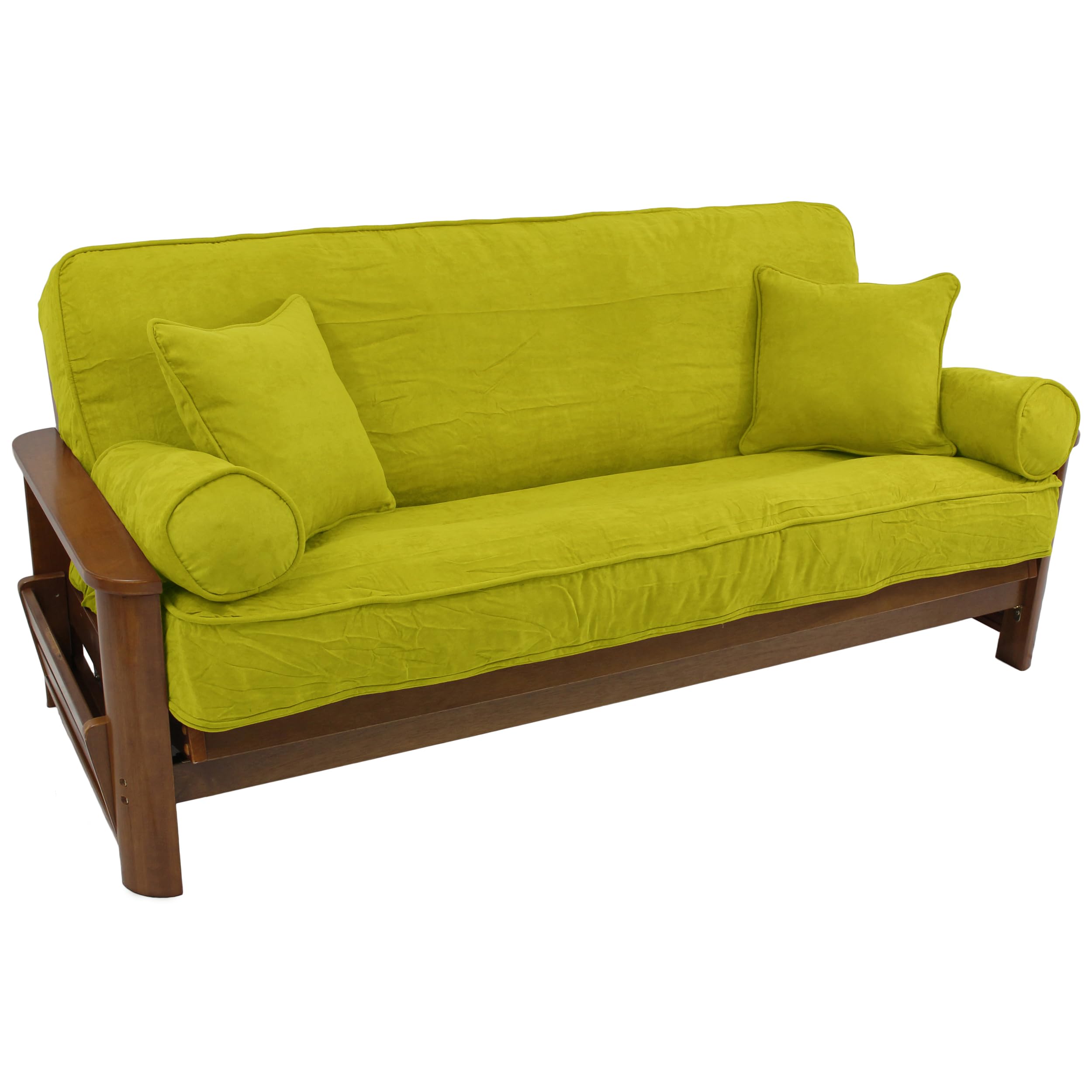 Solid Microsuede Double Corded 8 to 9-inch Full Futon Cover Set with Four Throw Pillows (Set of 5) - Mojito Lime