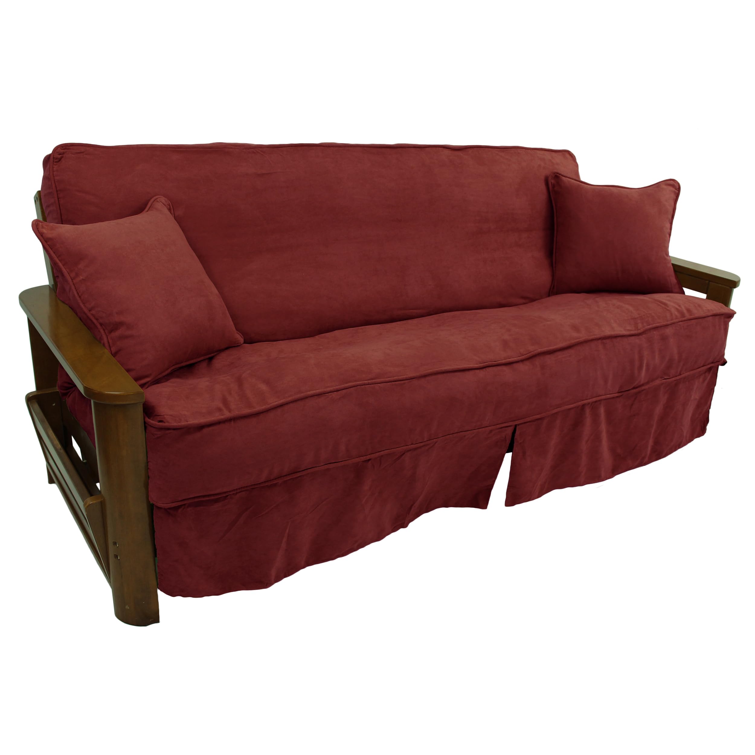 Solid Microsuede Double Corded 8 to 9-inch Full Futon Slipcover Set with Two 18-inch Throw Pillows (Set of 3) - Red Wine