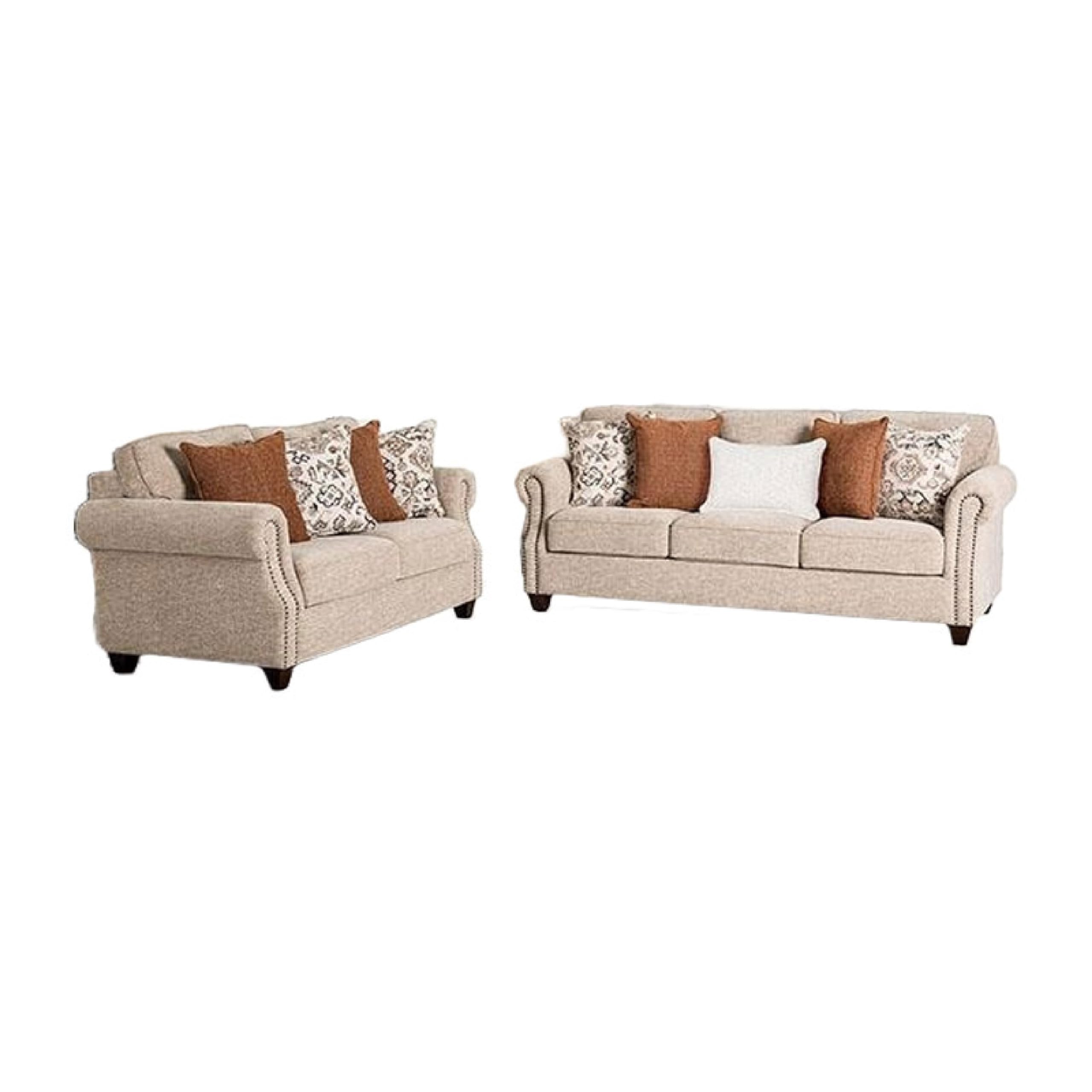 Bonie Loveseat, 4 Accent Pillows, Taupe Polyester, Rolled Arms 67 Inch