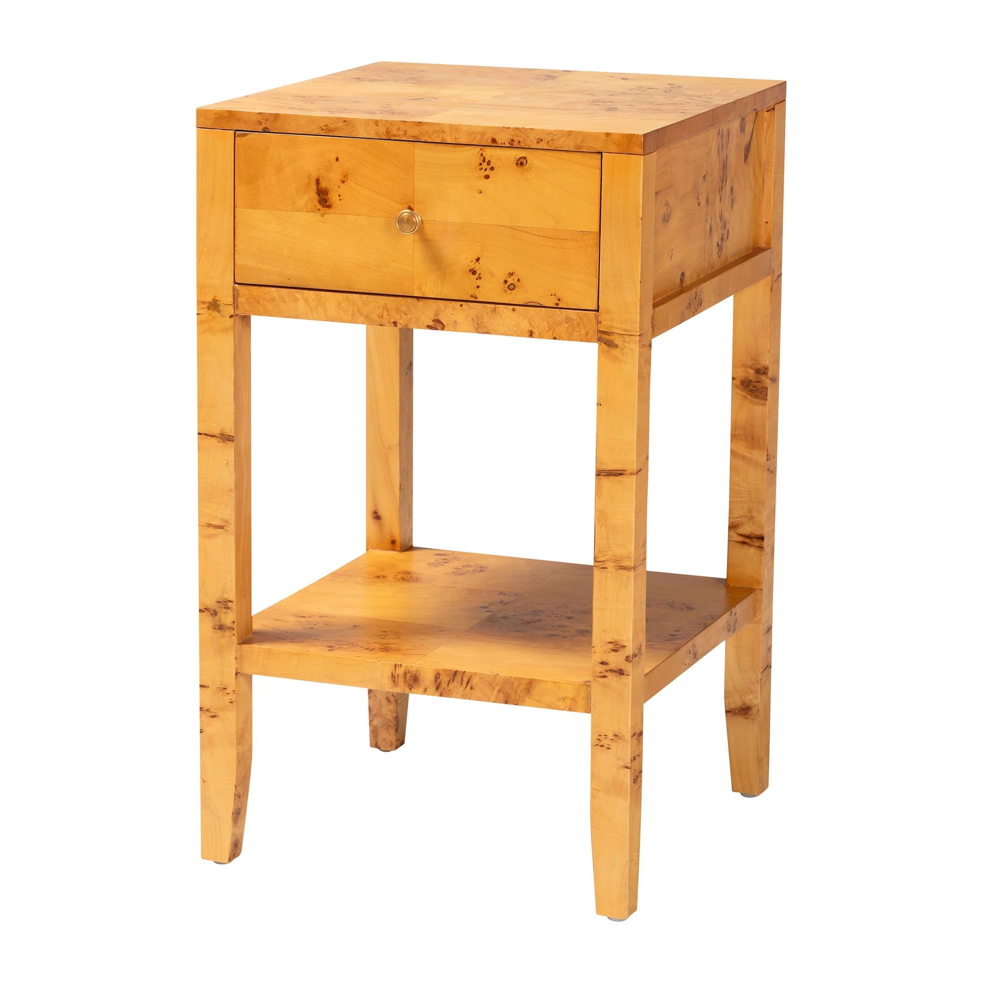 bali & pari Ghina Modern and Contemporary Natural Light Mappa Real Burl Wood 1-Drawer Nightstand