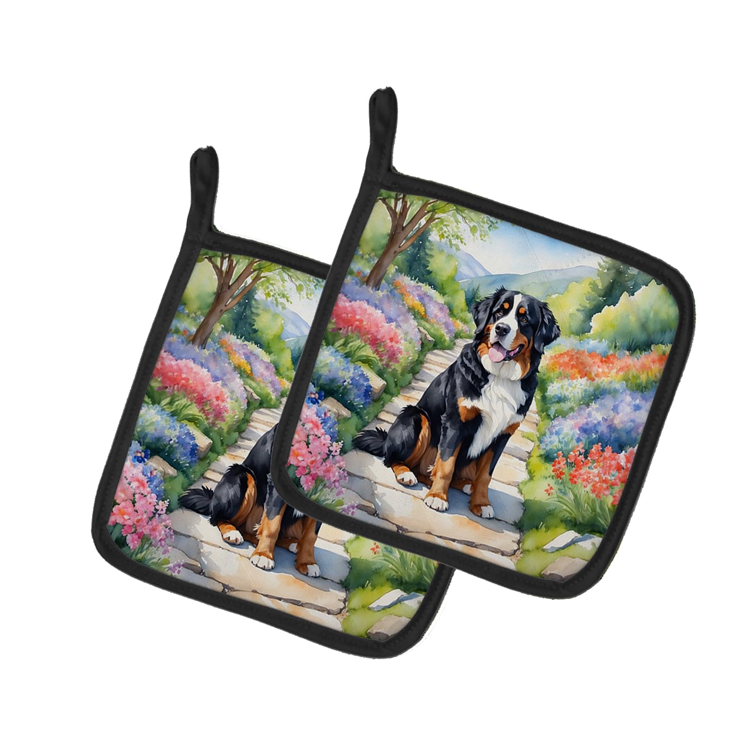 Bernese Mountain Dog Spring Path Pair of Pot Holders