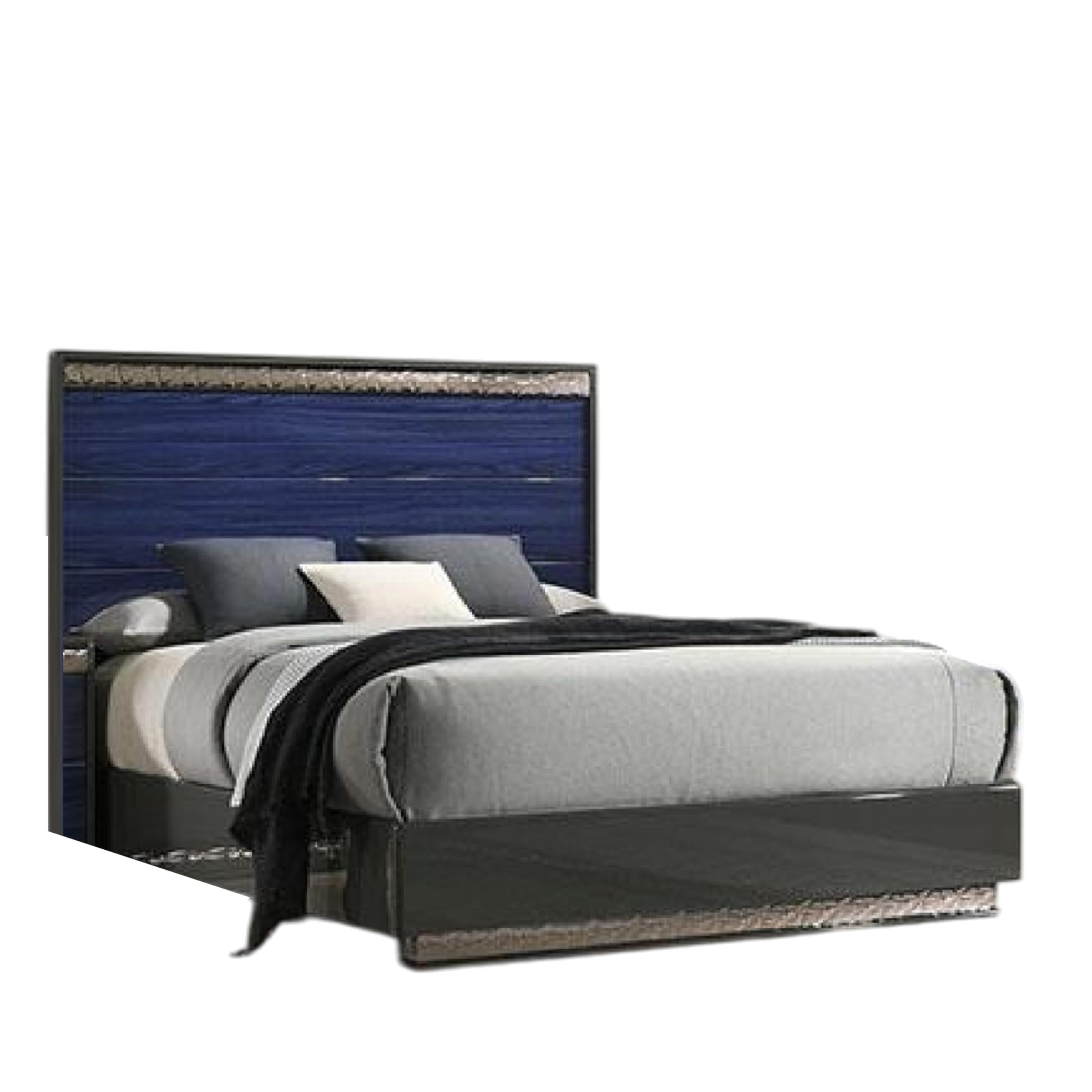 Cote King Bed, Slat Panel Headboard, Ash Gray and Indigo Blue Wood