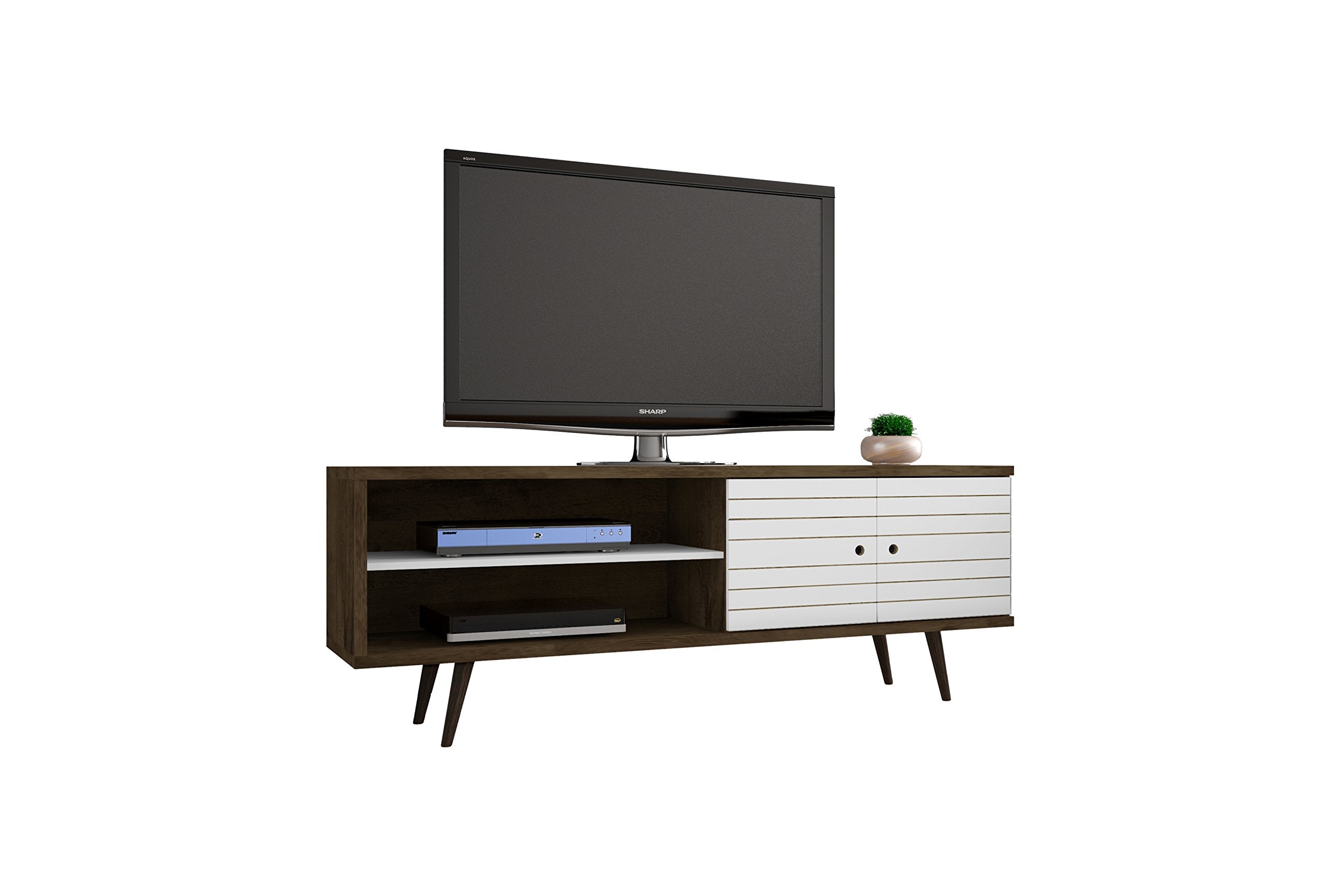 Liberty 62.99 Mid Century - Modern TV Stand with 3 Shelves and 2 Doors in Rustic Brown and White  with Solid Wood Legs