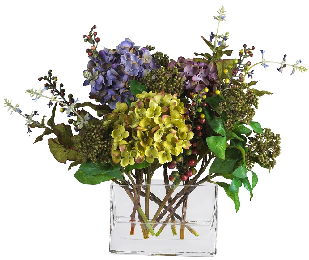 Mixed Hydrangea w/Rectangle Vase Silk Flower Arrangement