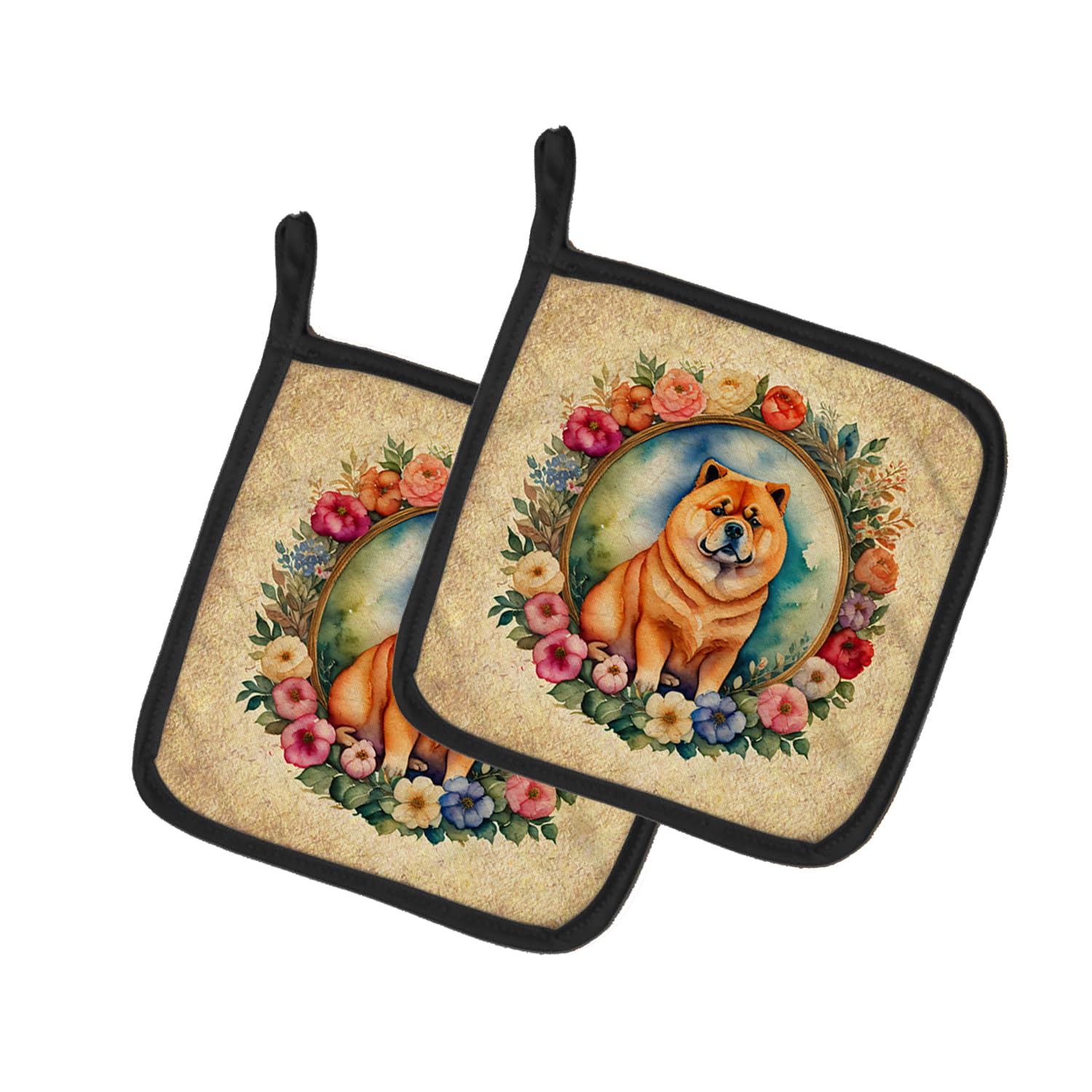 Chow Chow and Flowers Pair of Pot Holders