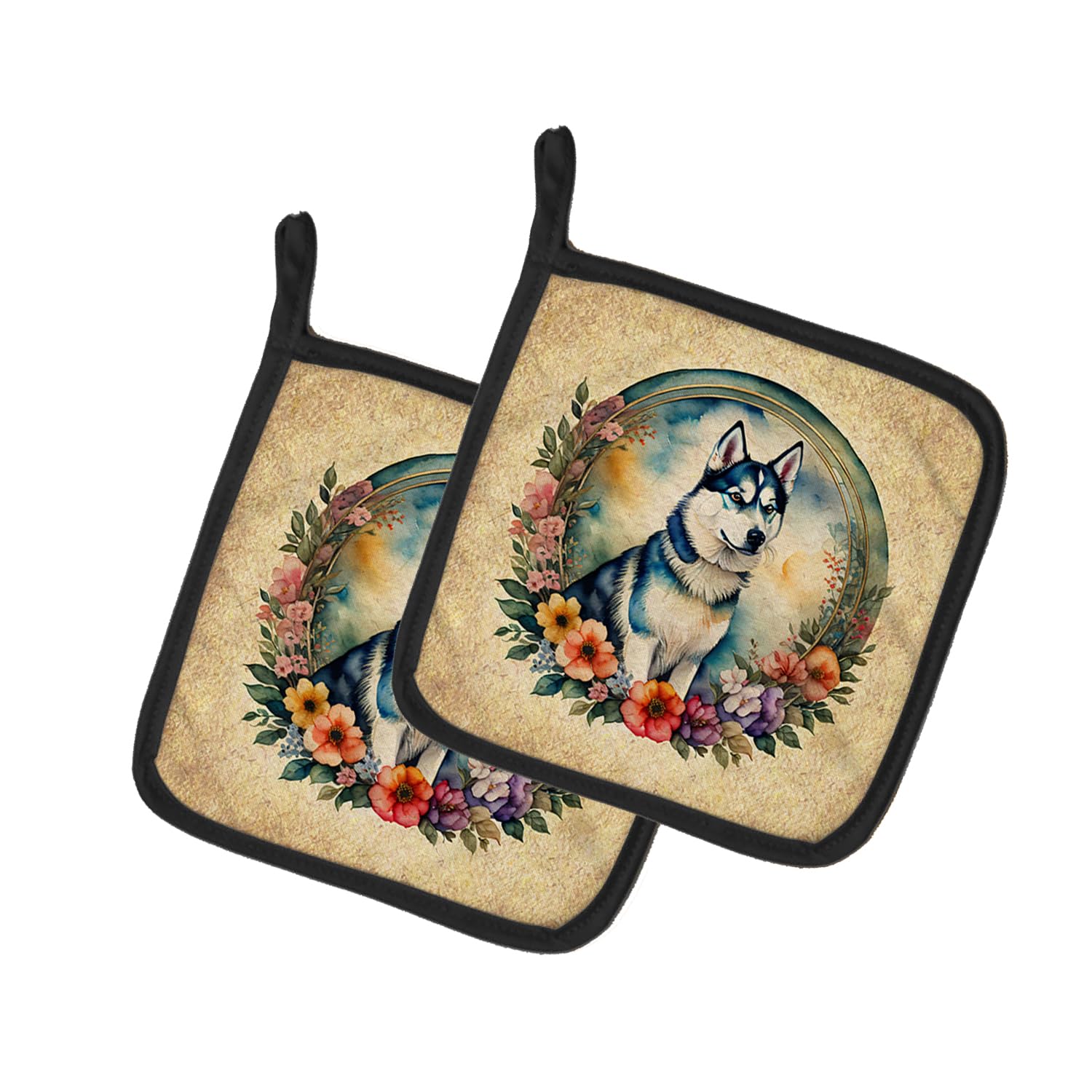 Siberian Husky and Flowers Pair of Pot Holders