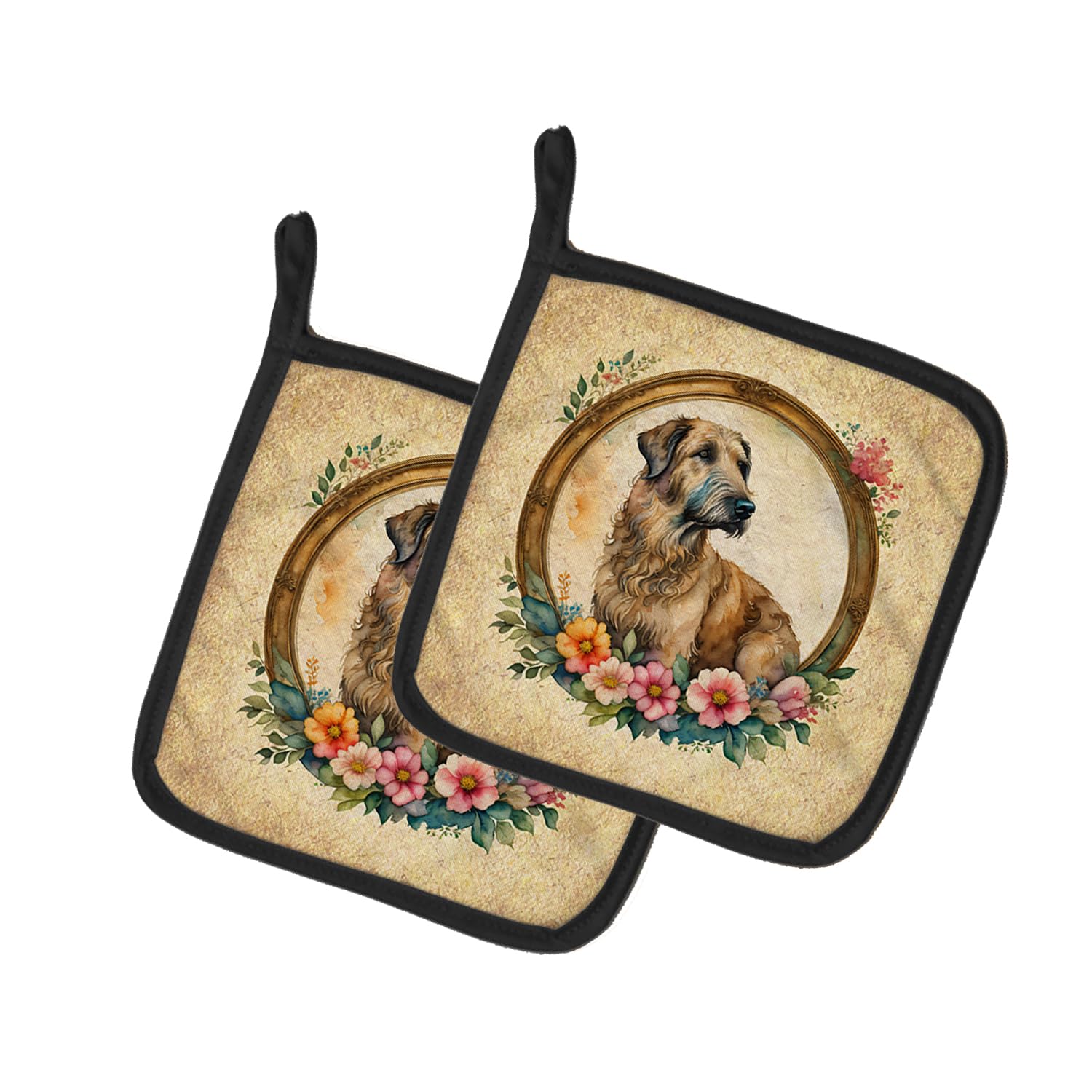 Irish Wolfhound and Flowers Pair of Pot Holders