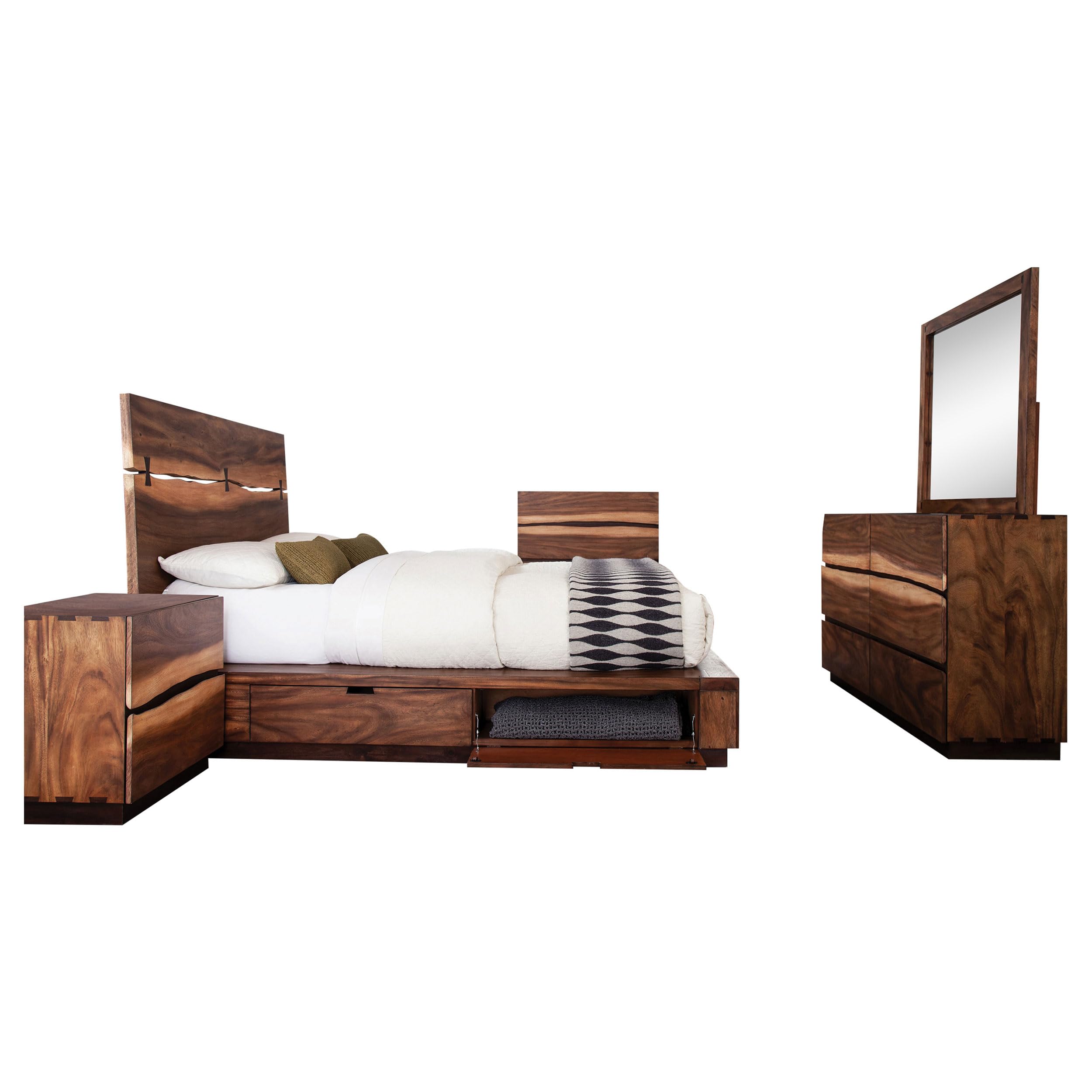 Zeko 5pc Queen Bedroom Set with Storage, Live Edge Smoky Walnut Brown