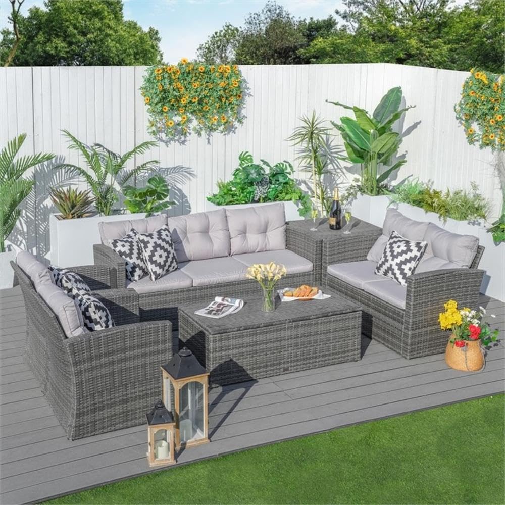 6 -Piece Gray Rattan Wicker Conversational Sofa Set with Gray Cushions