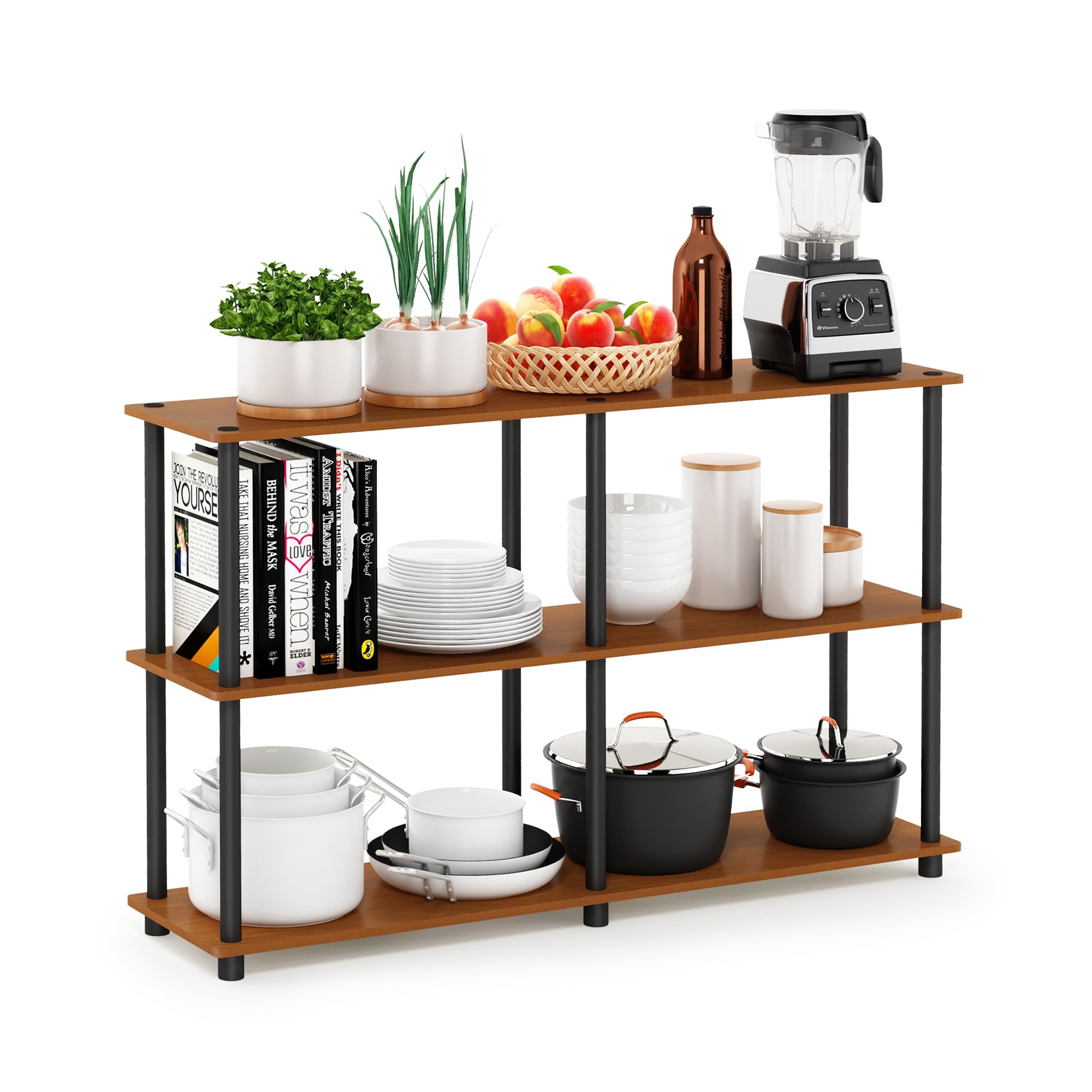 Furinno 99130LC/BK Turn-N-Tube 3-Tier Double Size Storage Display Rack, Light Cherry/Black