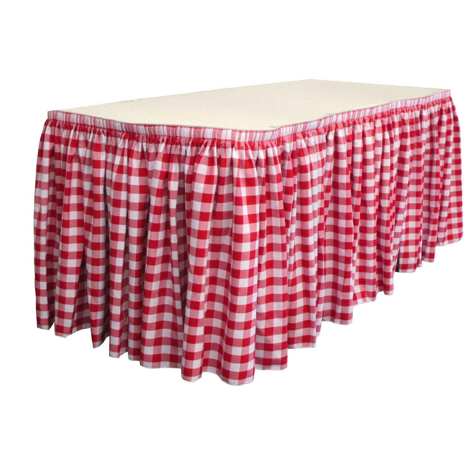 LA Linen Oversized Checkered Table Skirt 30-Foot by 29-Inch Long with 15 L-Clips, White and Red