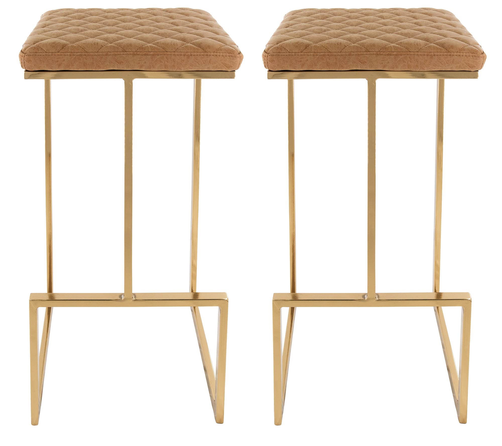 Leisuremod Quincy Quilted Stitched Leather Kitchen Counter Bar Stools With Gold Metal Frame Set Of 2 (Light Brown)