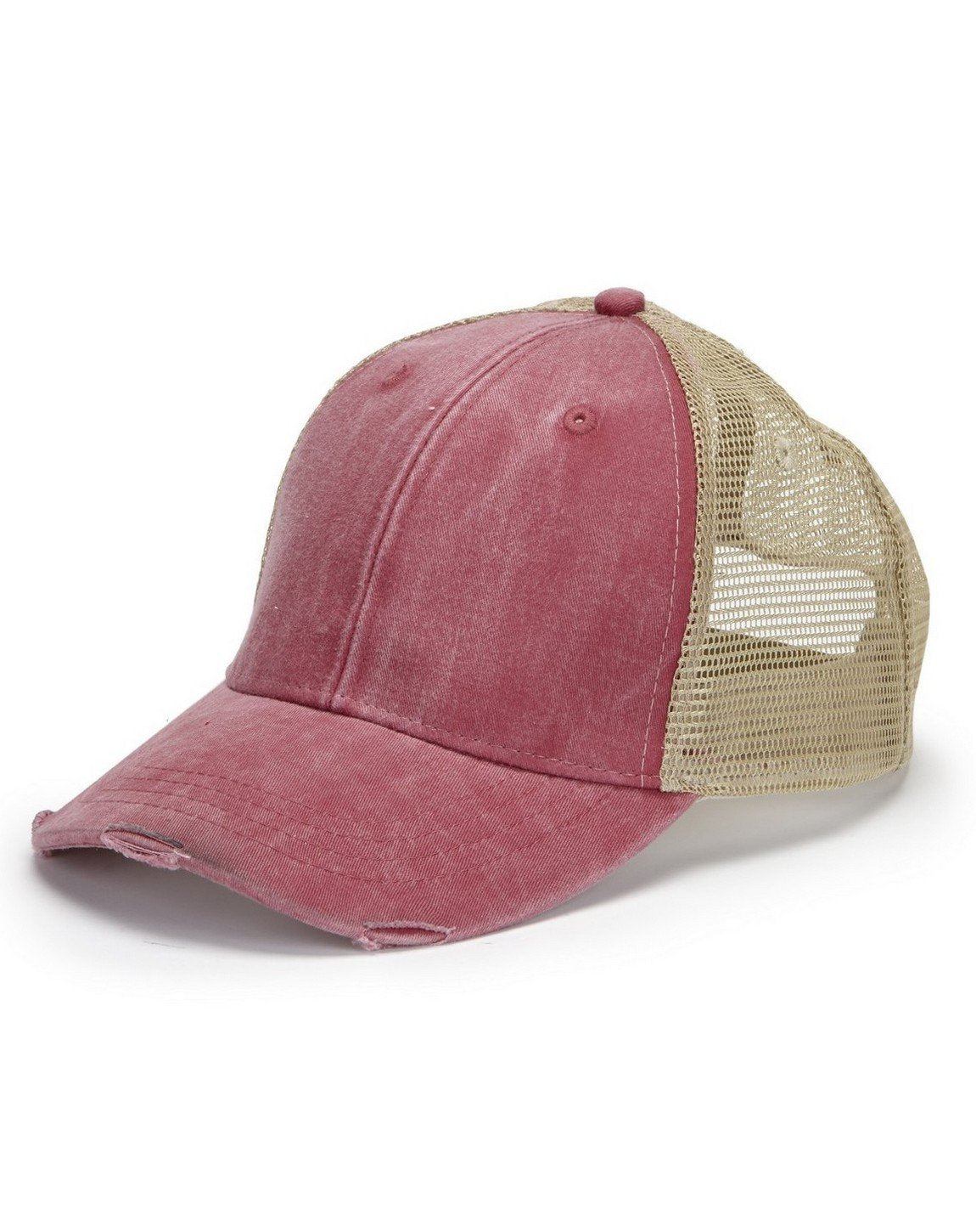 OL102 | OLLIE- Pigment dyed, garment washed, cotton, twill, six panel, structured, mid-crown trucker cap with nylon mesh back panels, distressed visor and snap back. - NAUTICAL RED / TAN