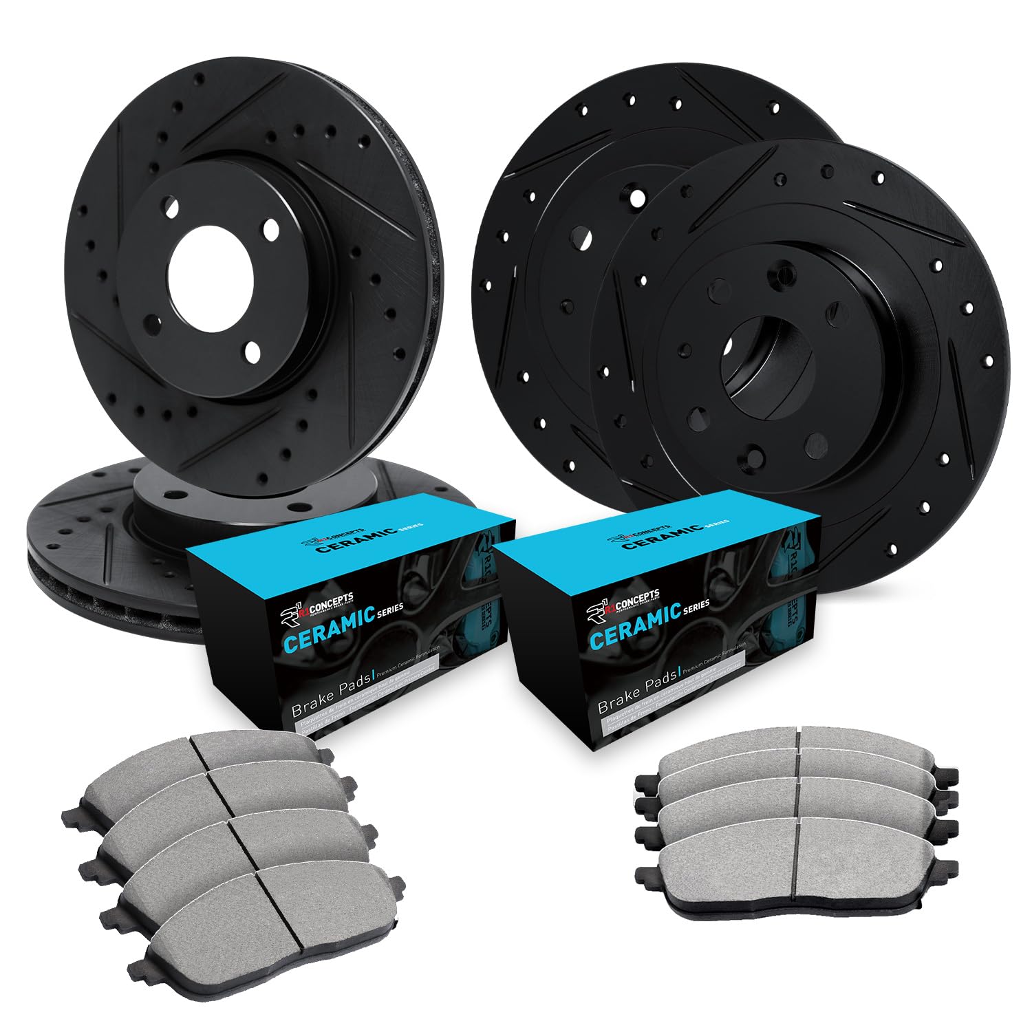 R1 Concepts Drilled and Slotted Black Disc Brake Rotor Set with Ceramic Pads WHWN2-32008