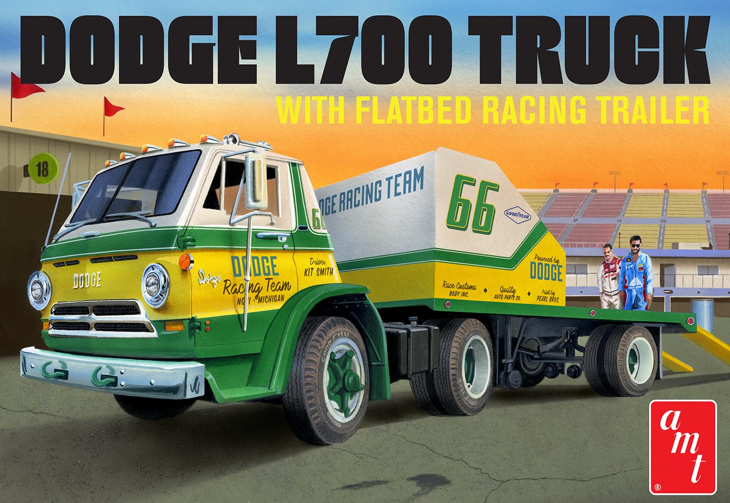 Skill 3 Model Kit 1966 Dodge L700 Truck with Flatbed Racing Trailer 1/25 Scale Model by AMT