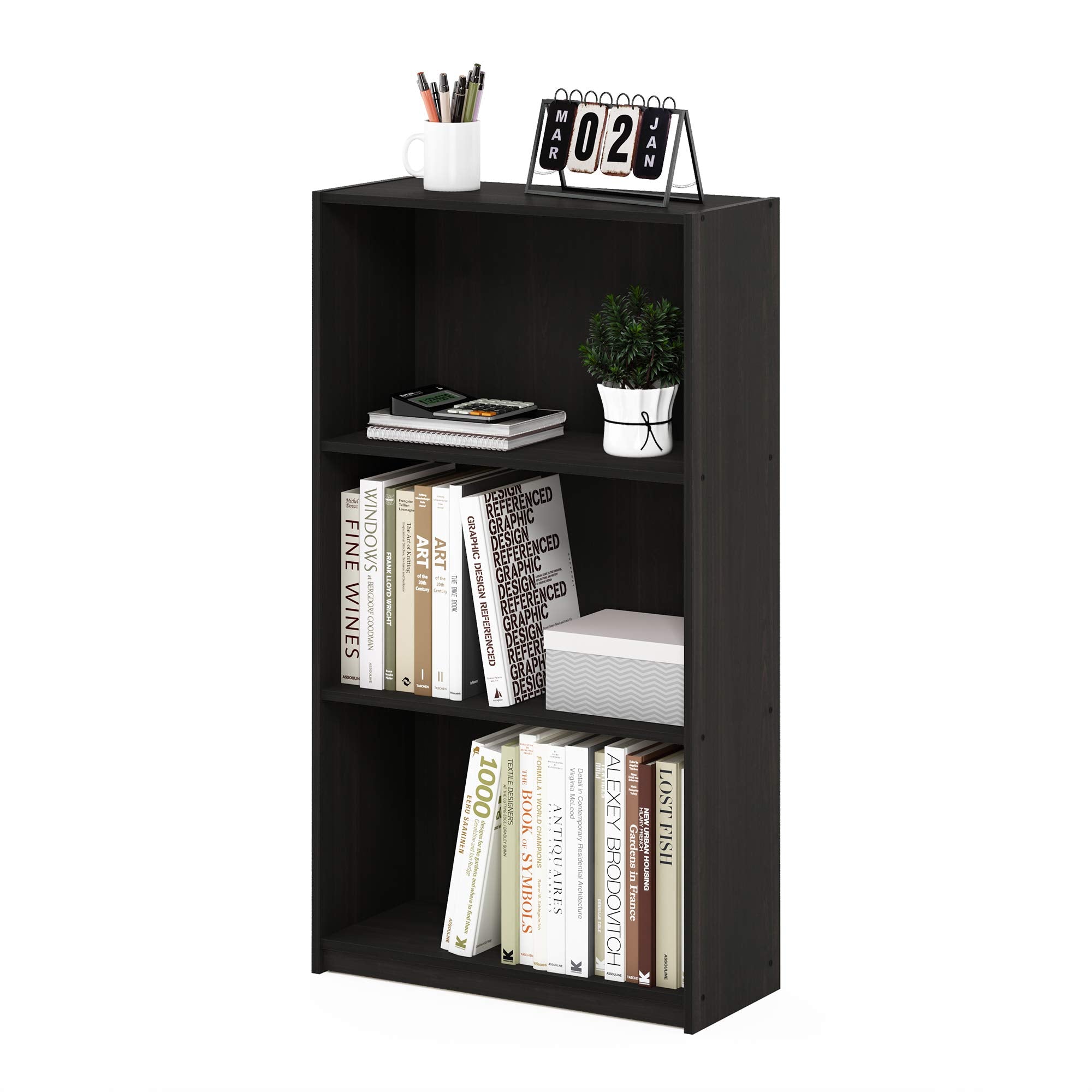 Furinno 99736EX Basic 3-Tier Bookcase Storage Shelves, Espresso