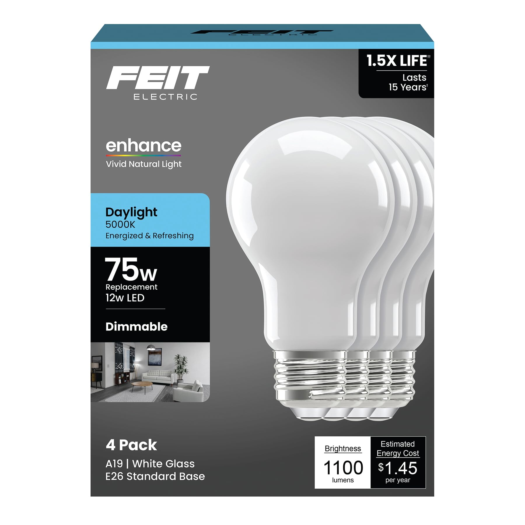 Feit A19 E26 (Medium) Filament LED Bulb Daylight 75 Watt Equivalence 4 pk
