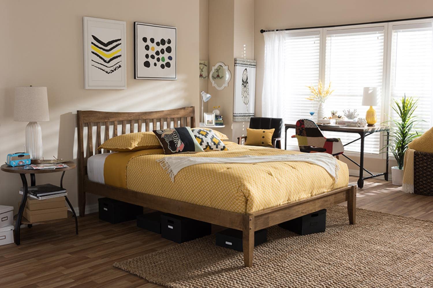 Baxton Studio Edeline Mid-Century Modern Solid Walnut Wood Curvaceous Slatted Queen Size Platform Bed