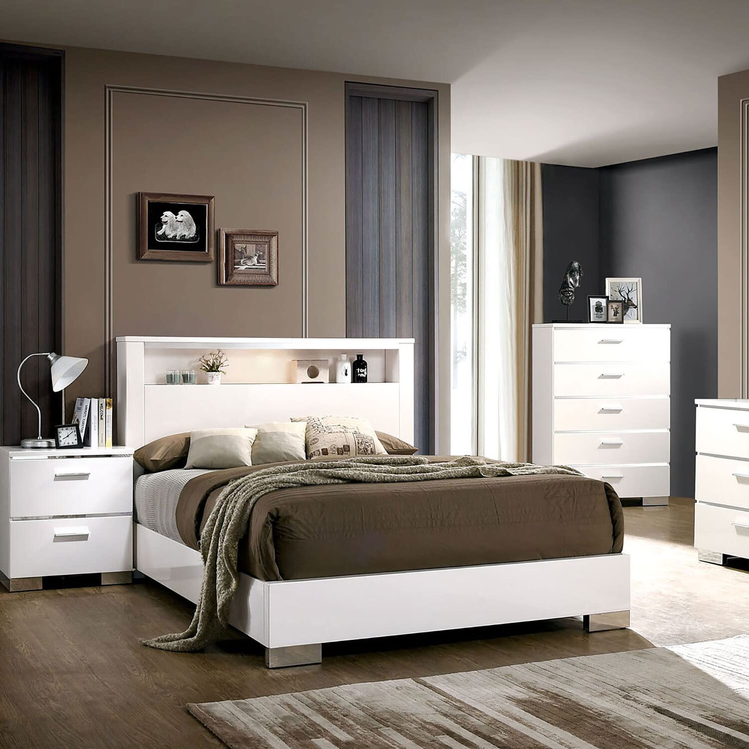 Queen Size Bed with Open shelf, White