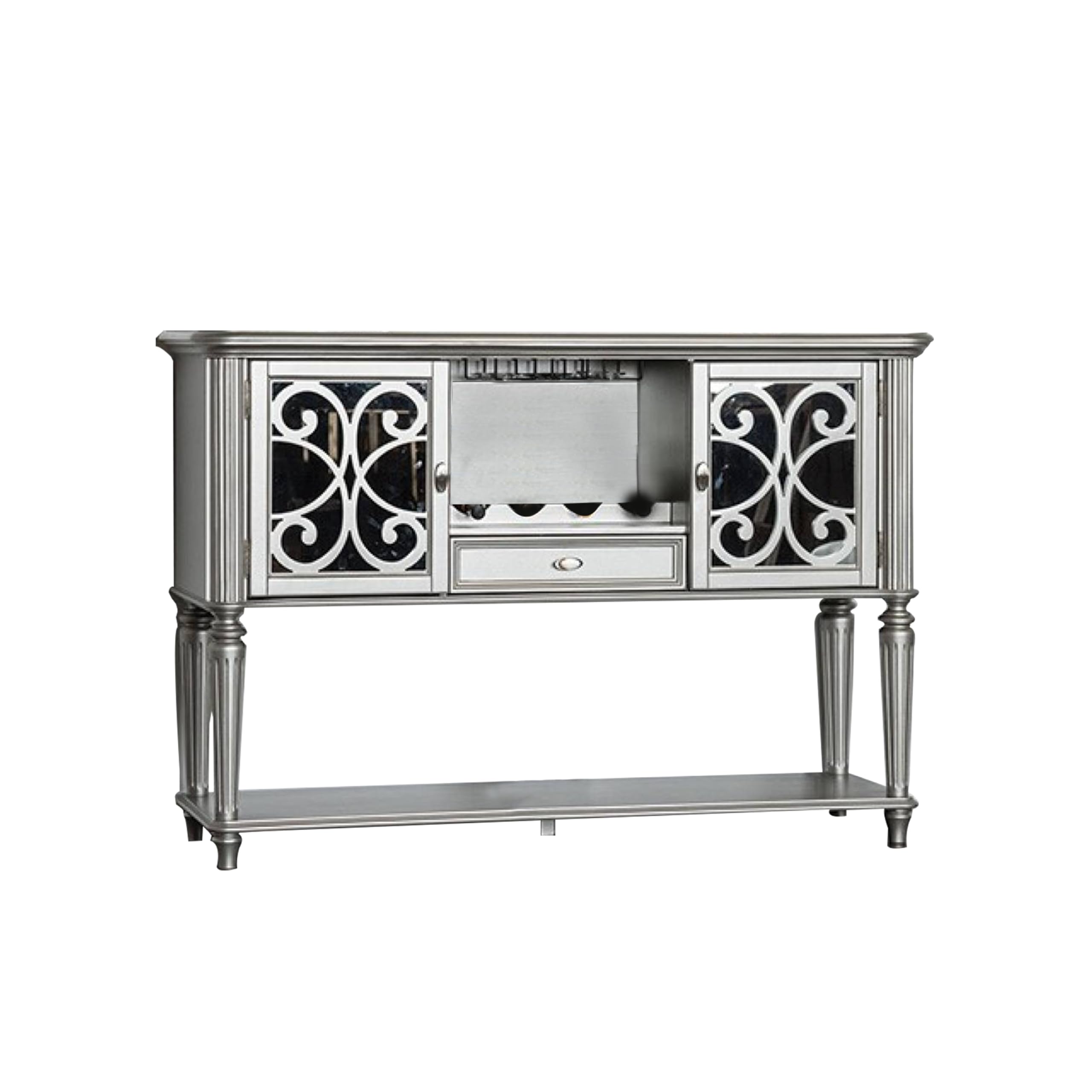 Hixe Sideboard Buffet w Wine Rack, Silver Wood, Fluted Legs, 60 Inch