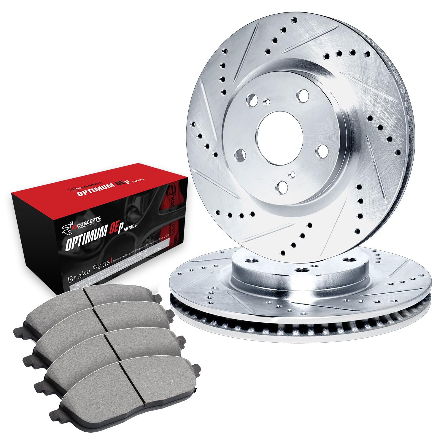 R1 Concepts Drilled and Slotted Silver Disc Brake Rotor Set with Optimum Oe Pads WGUN1-63091