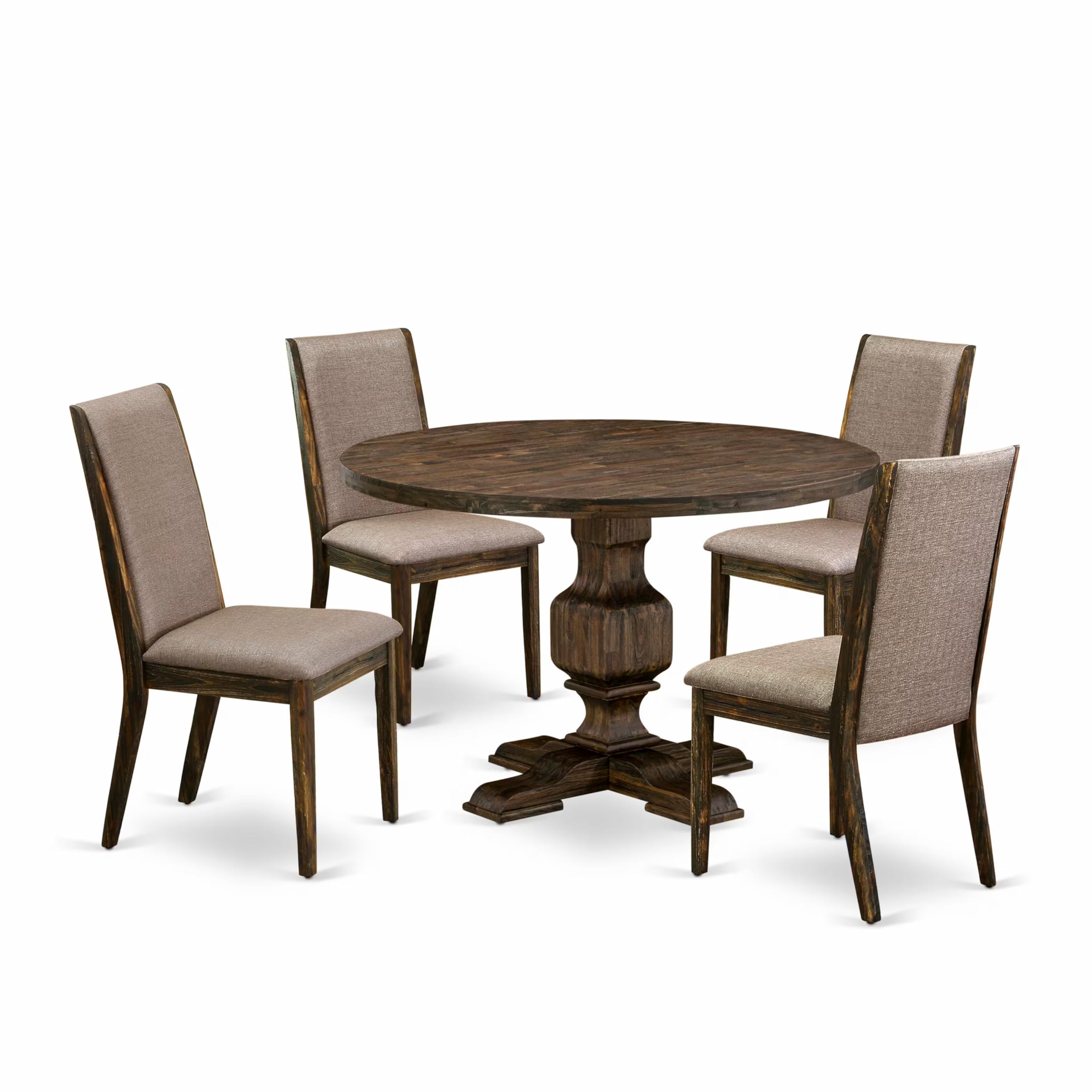 East West Furniture 5 Piece Modern Dining Set Contains a Dinner Table and 4 Dark Khaki Linen Fabric Modern Dining Chairs with High Back - Distressed Jacobean Finish