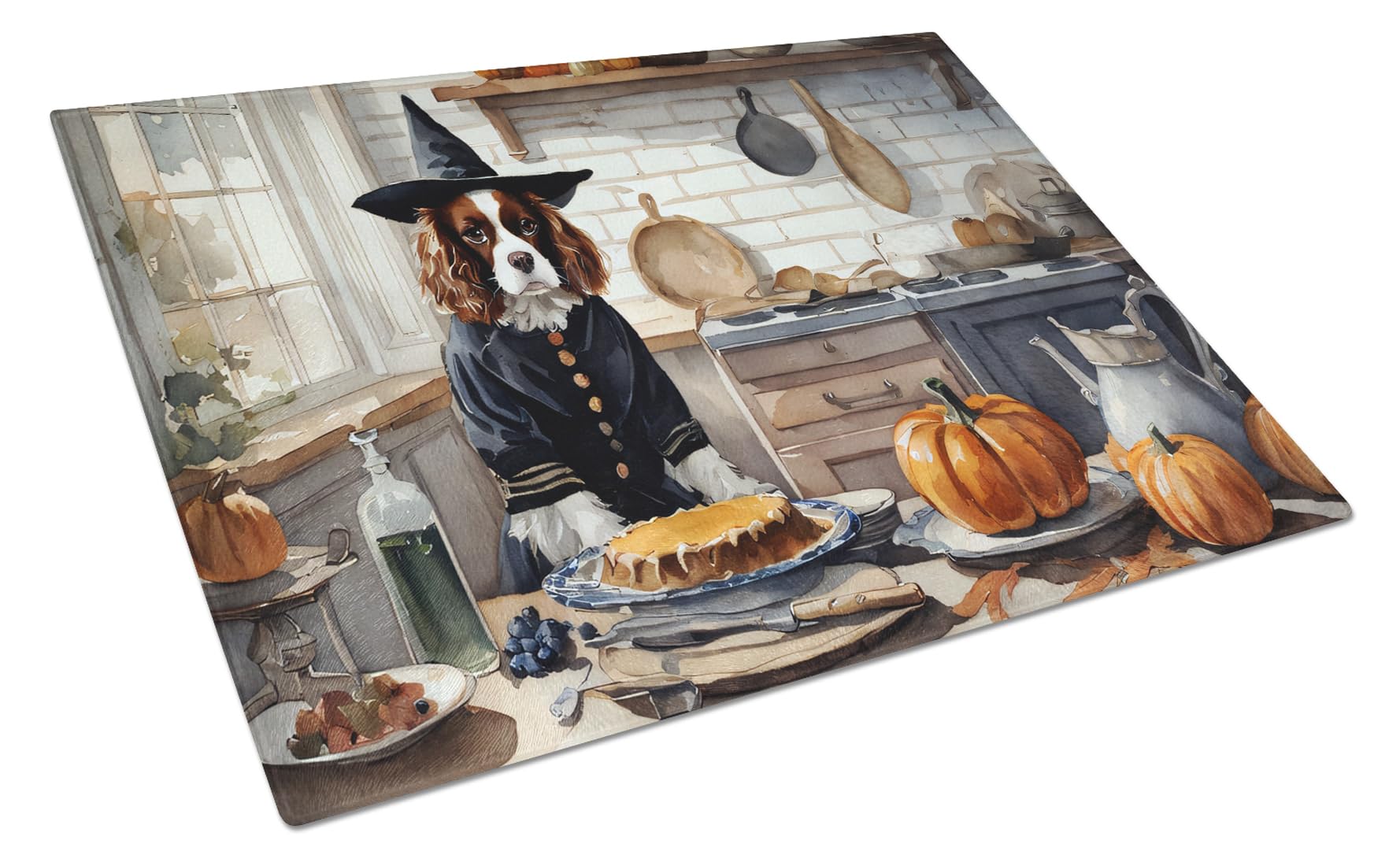 Carolines Treasures DAC1761LCB Cavalier Spaniel Fall Kitchen Pumpkins Glass Cutting Board Large Decorative Tempered Glass Kitchen Cutting and Serving Board Large Size Chopping Board