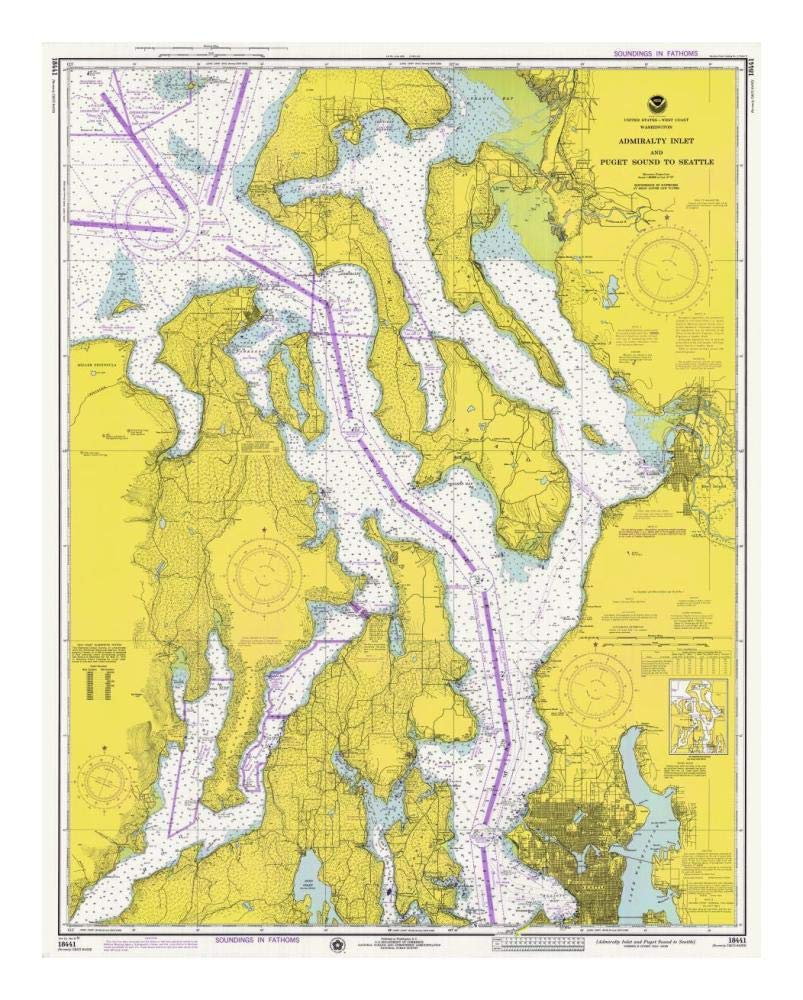 Nautical Chart - Admiralty Inlet and Puget Sound to Seattle ca. 1975-Paper Art-19x24”