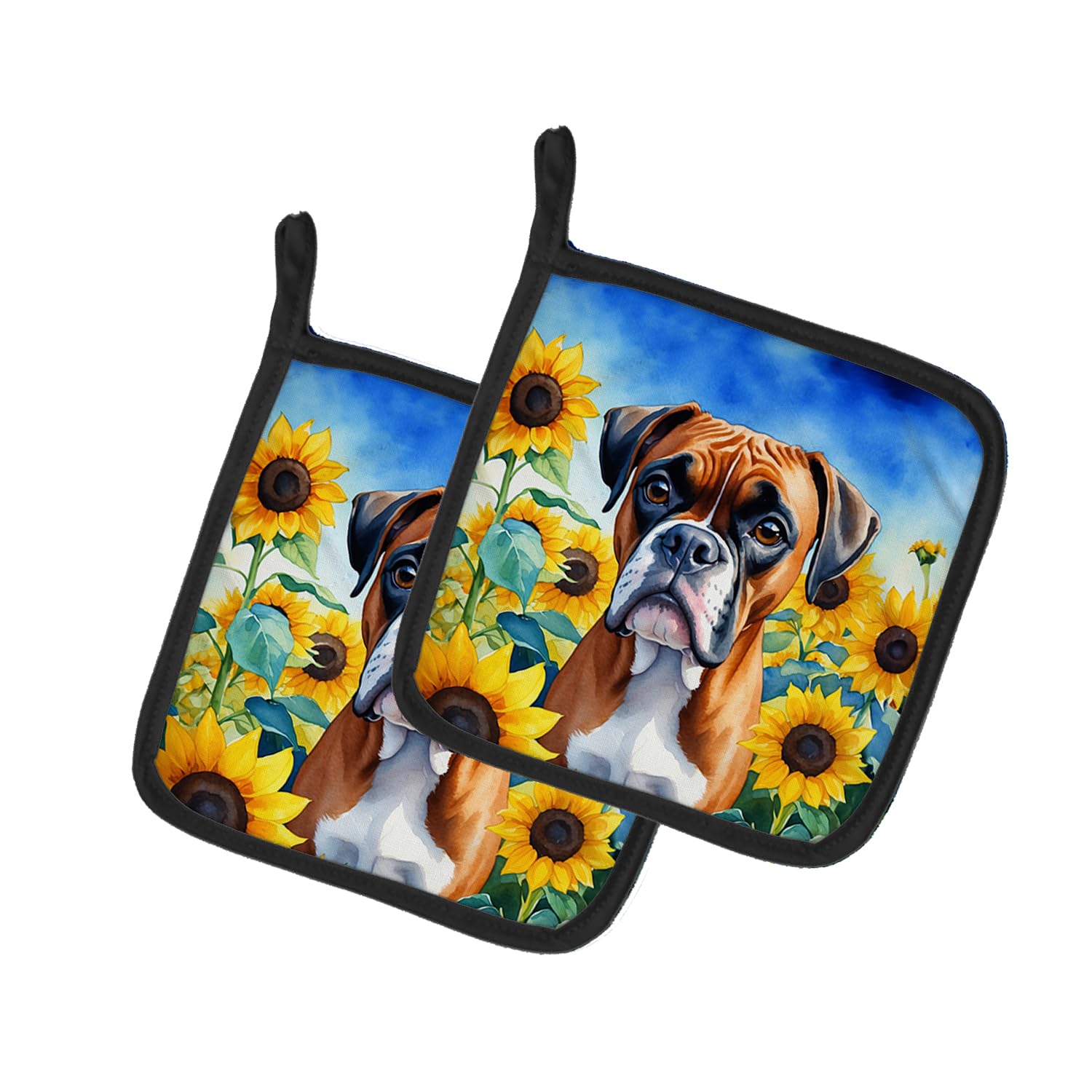 Boxer in Sunflowers Pair of Pot Holders
