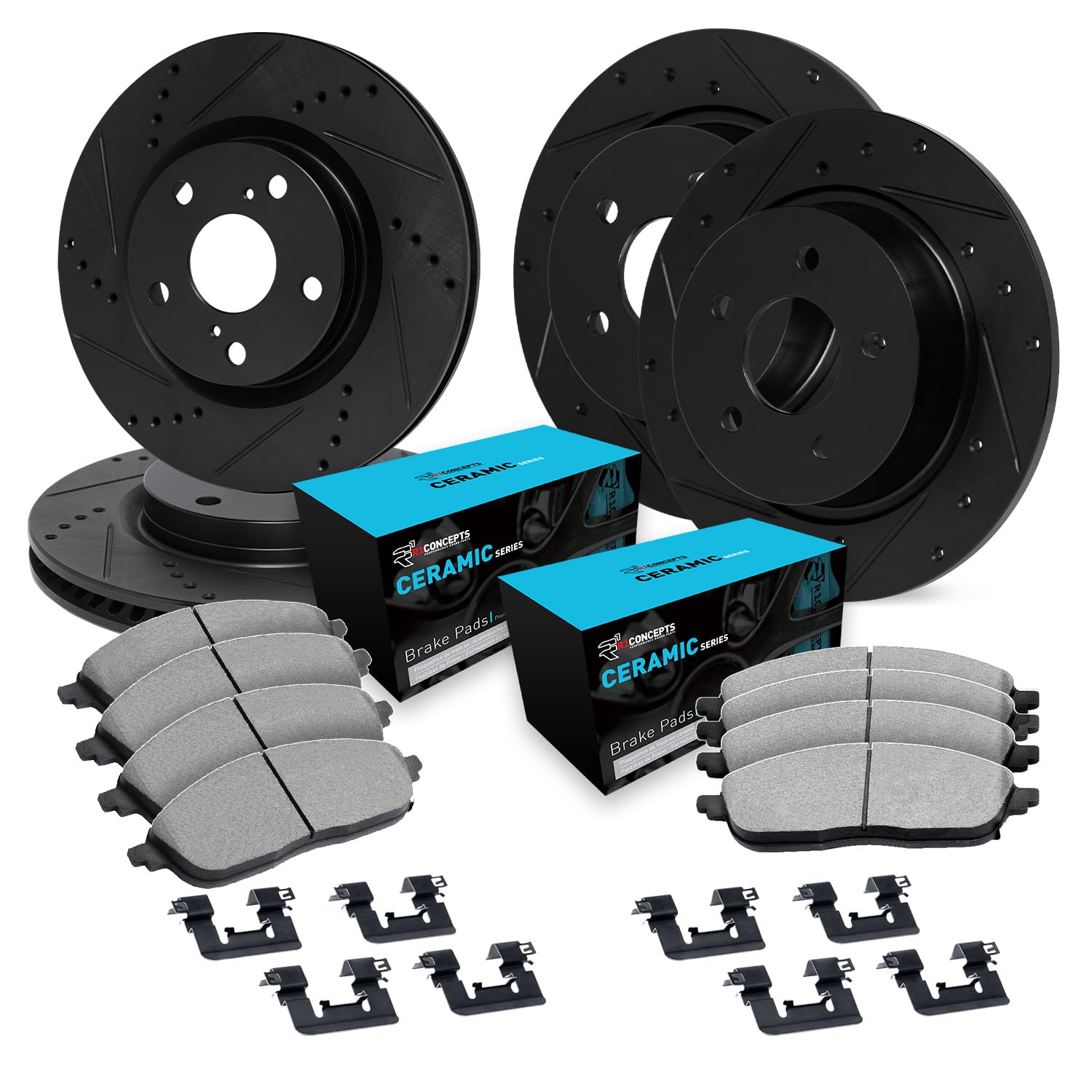 R1 Concepts Drilled and Slotted Black Disc Brake Rotor Set with Ceramic Pads and Hardware WHWH2-74035